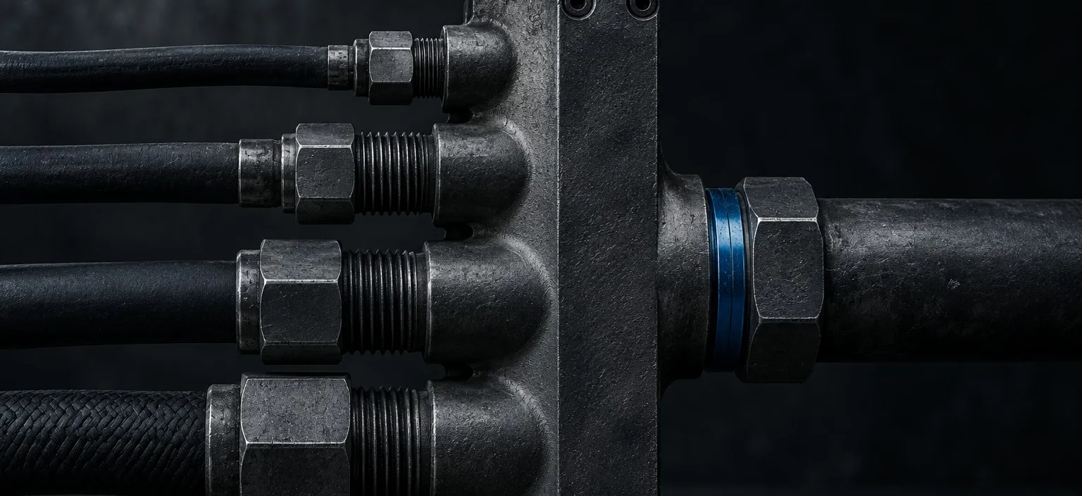 A machined manifold where four differently-sized intake ports converge into a single blue-marked discharge line