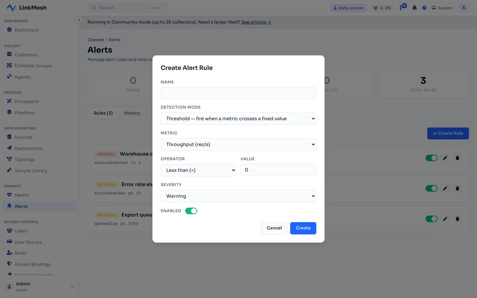 Creating an alert rule in LinkMesh: a dialog with detection mode set to threshold, metric set to throughput in records per second, a comparison operator, a value, and a severity.