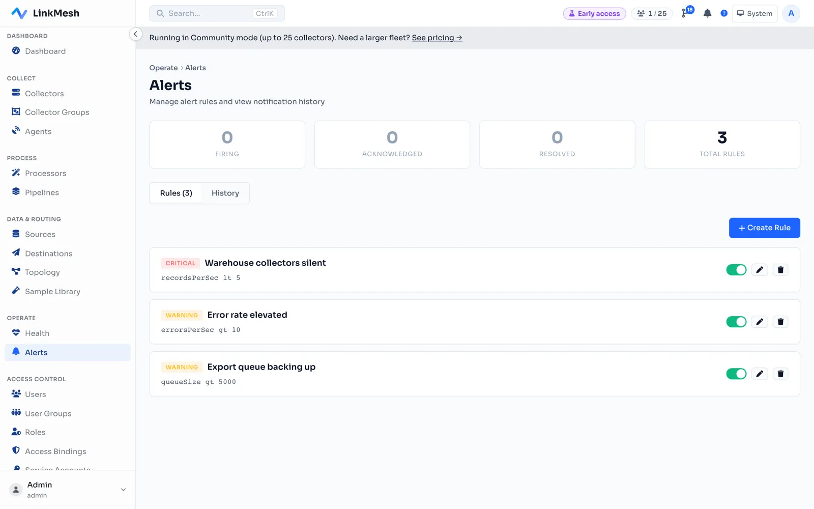 The LinkMesh alert rule list: three rules, each naming a metric, a comparison and a threshold — throughput below a floor, error rate above a ceiling, and export queue depth climbing — with severity badges and enable toggles.