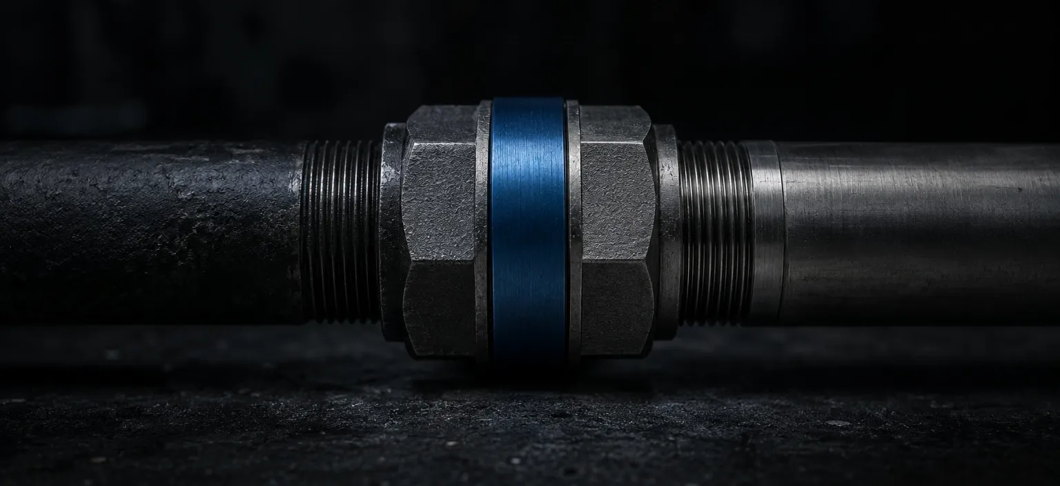 A machined steel union coupling joining two pipes of different thread standards on a workbench
