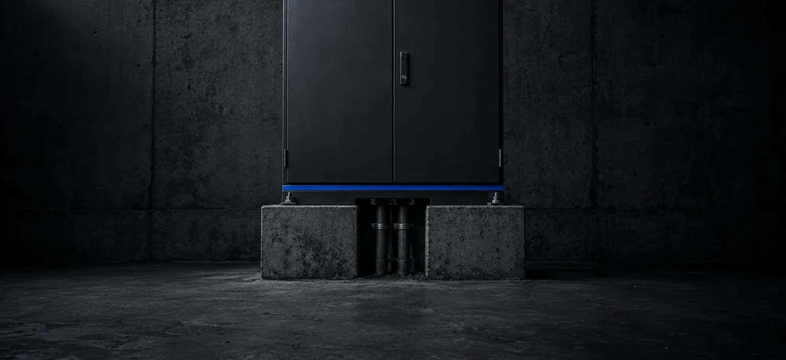 A control cabinet bolted to its own concrete plinth, its conduit running down into the same slab