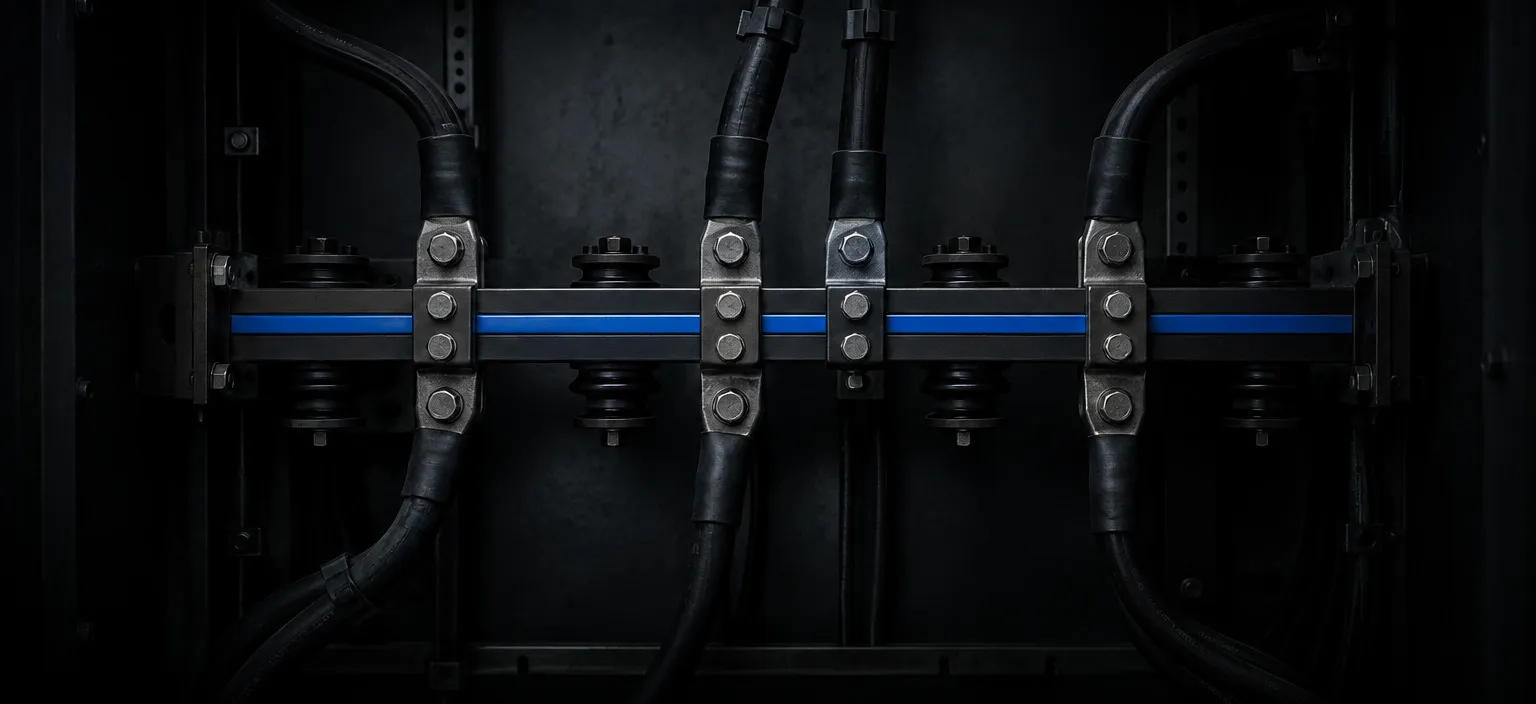 Several separate cable runs all landing on one horizontal busbar, with nothing bypassing it
