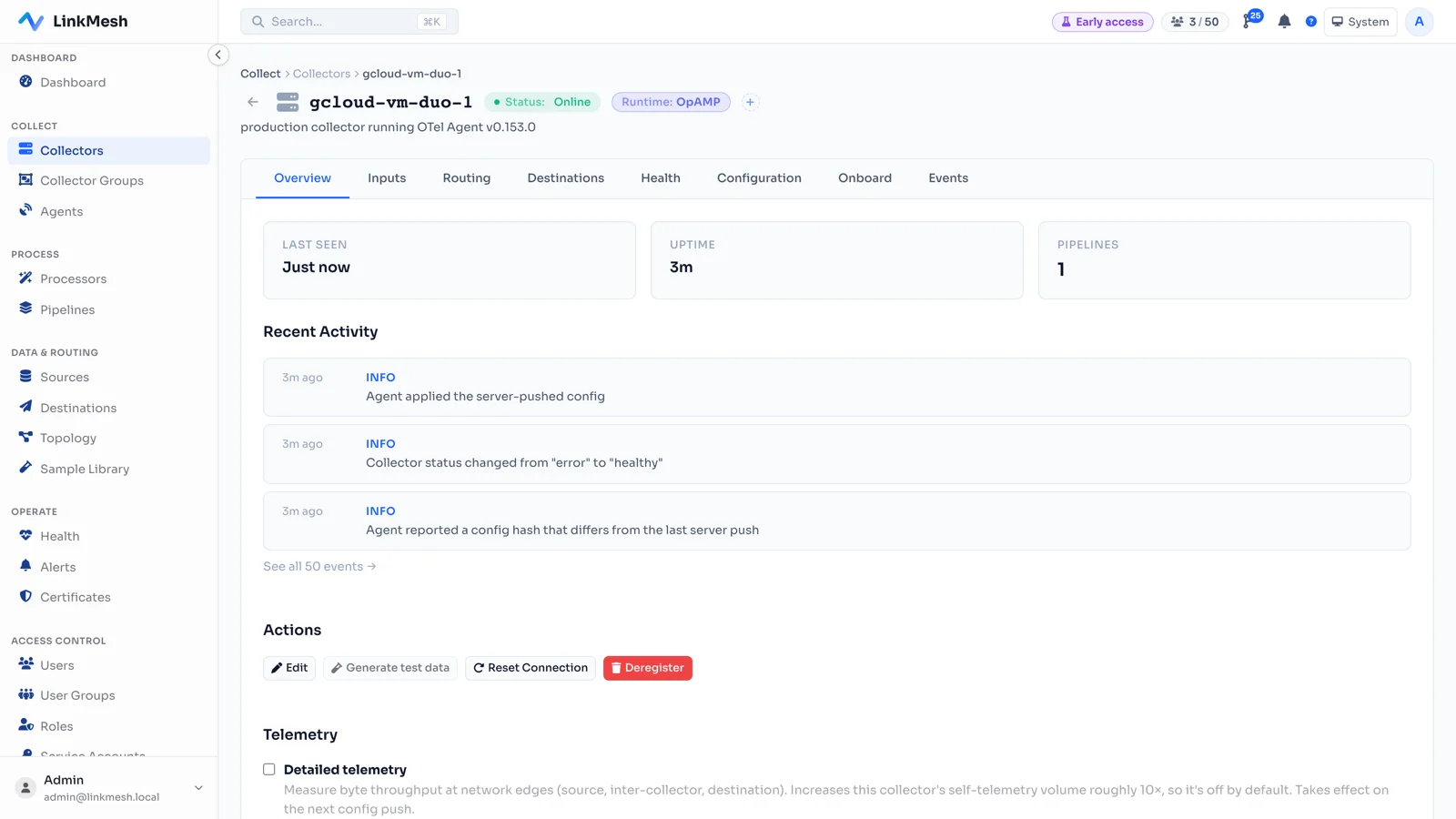 A LinkMesh collector detail page for gcloud-vm-duo-1, status Online, runtime OpAMP, whose activity log shows the agent applying the server-pushed config and, separately, reporting a config hash that differs from the last server push.