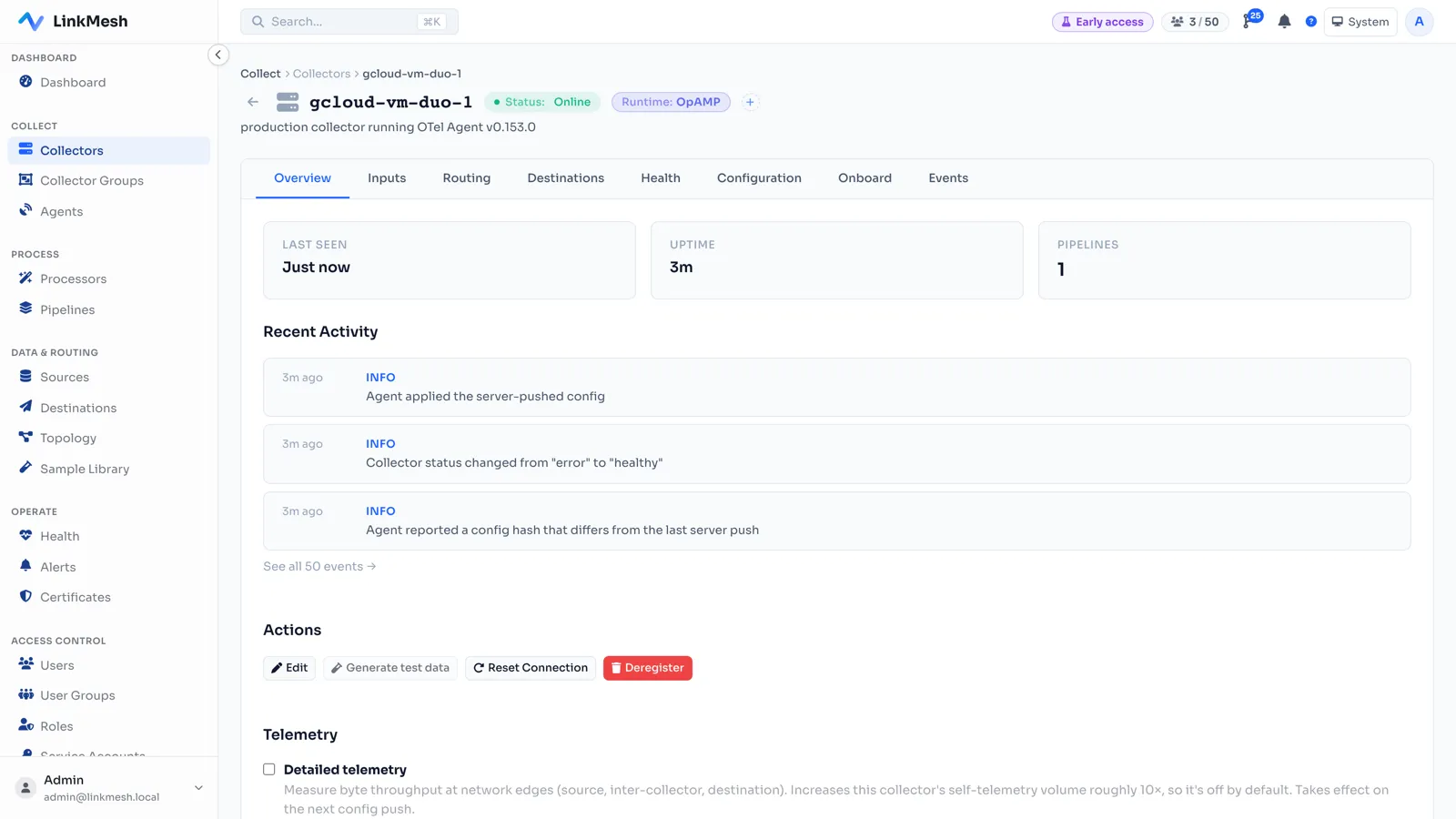 A collector's detail view — config-apply history, uptime, live telemetry, and lifecycle actions in one place.
