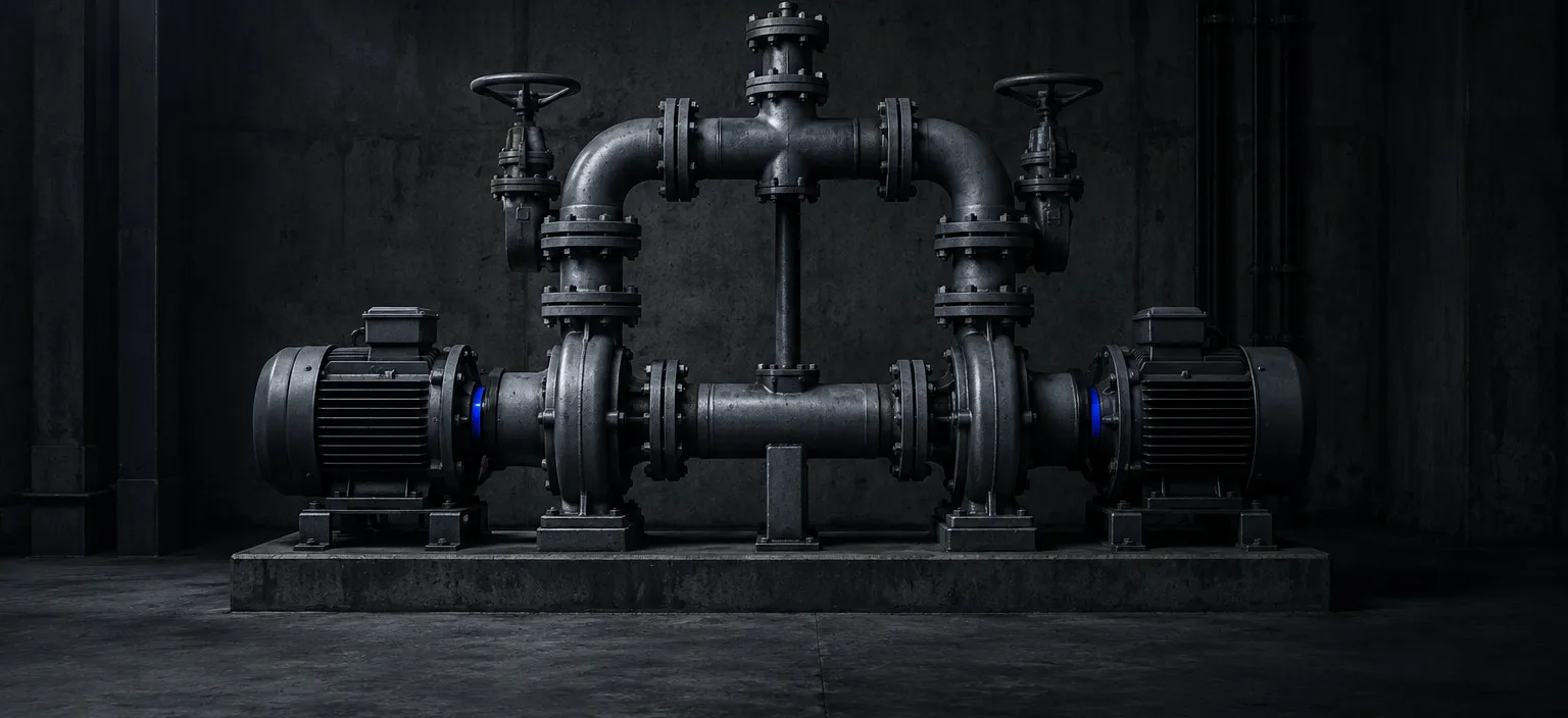 Two identical pumps side by side, joined by a crossover manifold so either one can carry the line