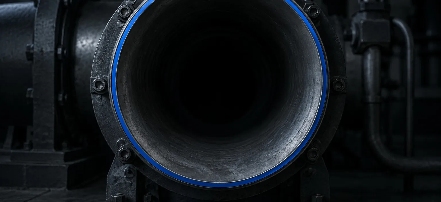 A wide machined intake mouth at the head of a line, open and clear, its bore running away into darkness