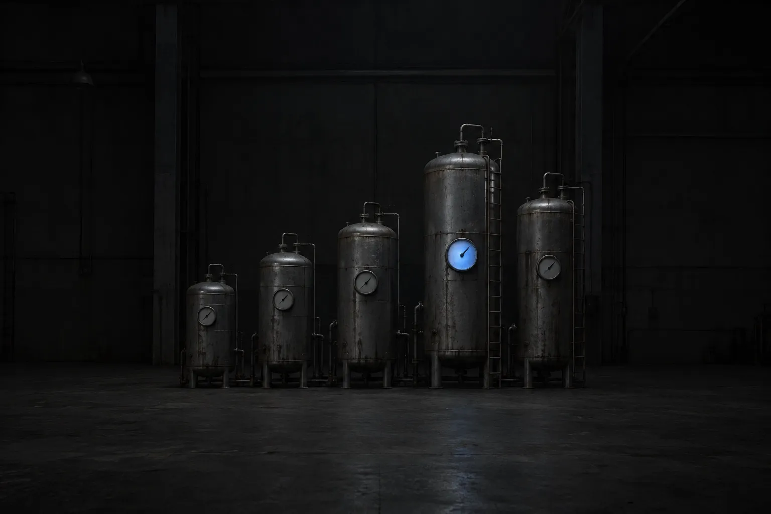 A row of industrial storage vessels of varying size, each fitted with an analog gauge; only the tallest vessel's gauge is lit, its needle deep in the uppermost sector, while the others sit dark and calm.
