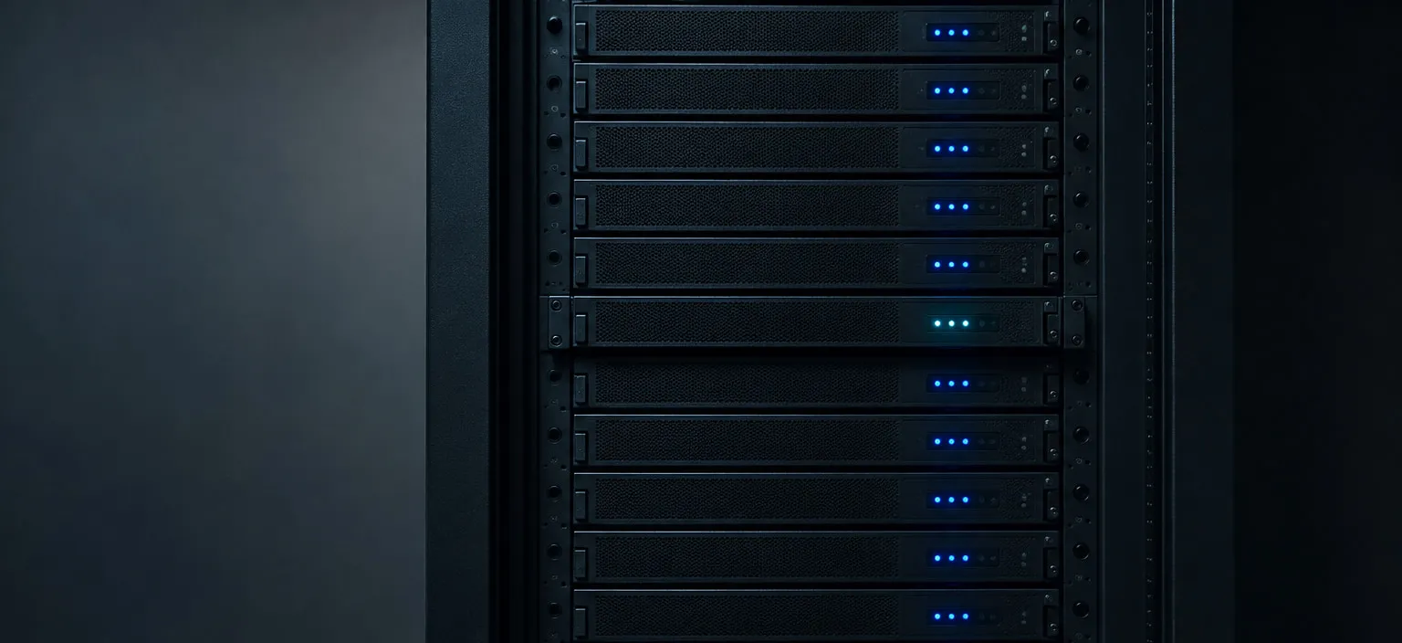 A rack of identical dark server nodes, one of them lit a different colour and sitting slightly out of line with the rest
