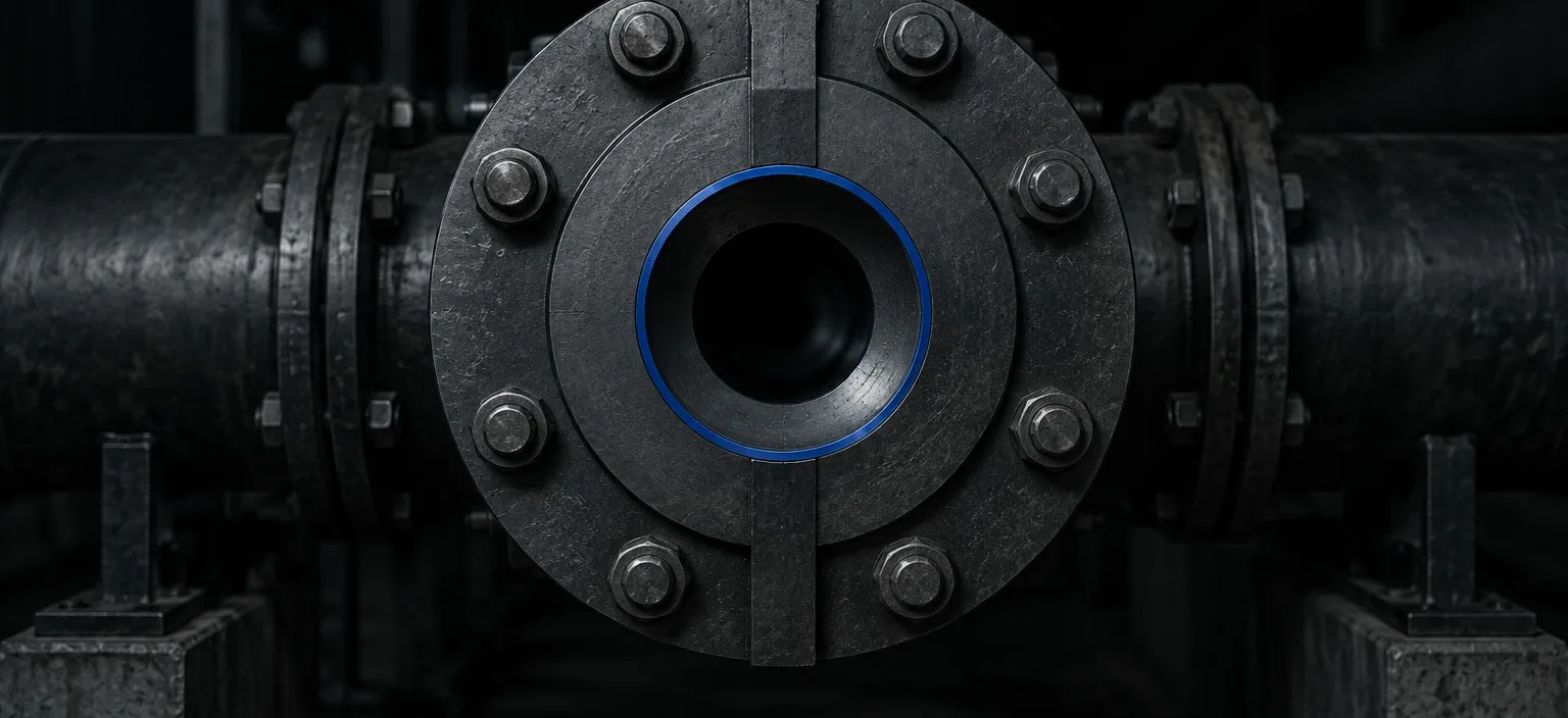 A machined orifice plate between two flanges at the near end of a pipe run, its bore smaller than the pipe
