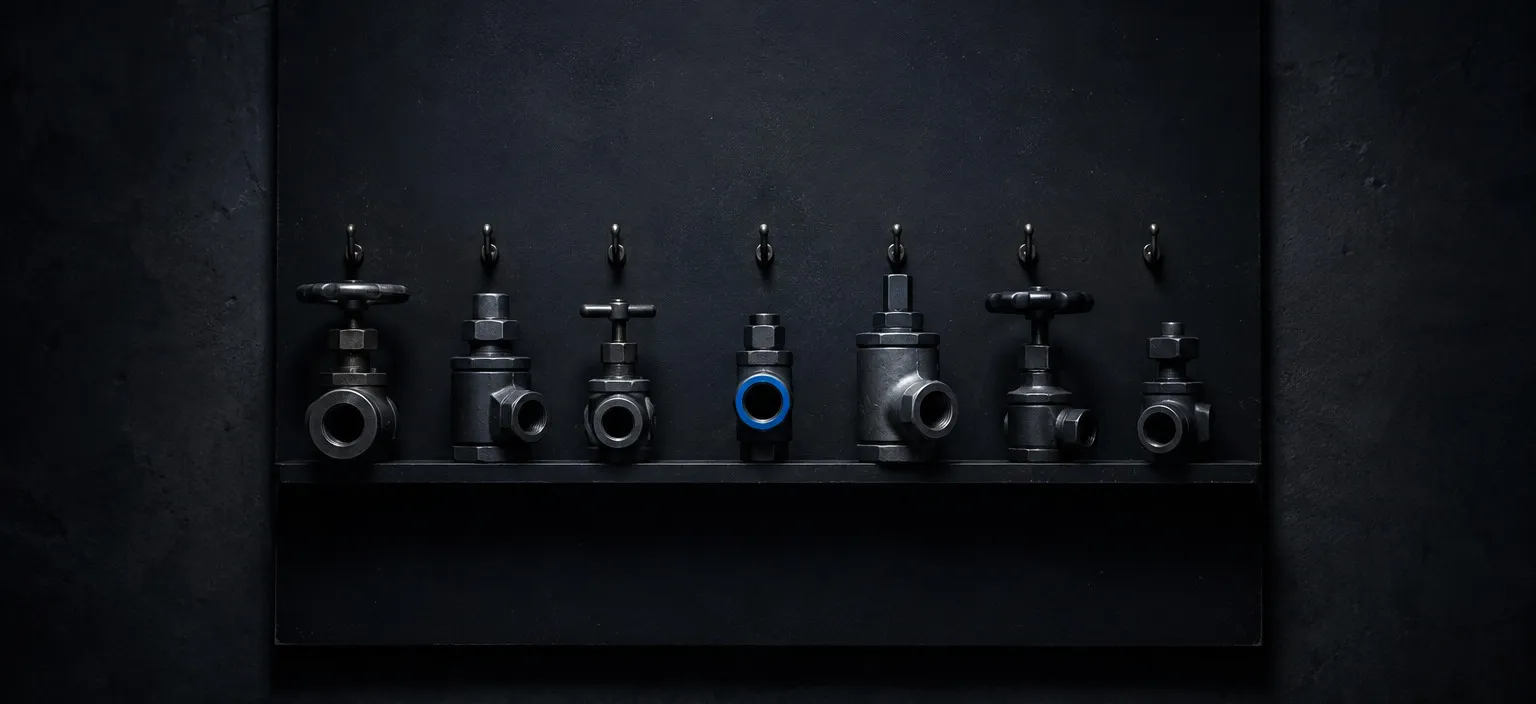 A workshop board of different valve types standing in a row, the one at the centre turned to face the camera with its bore ringed in blue