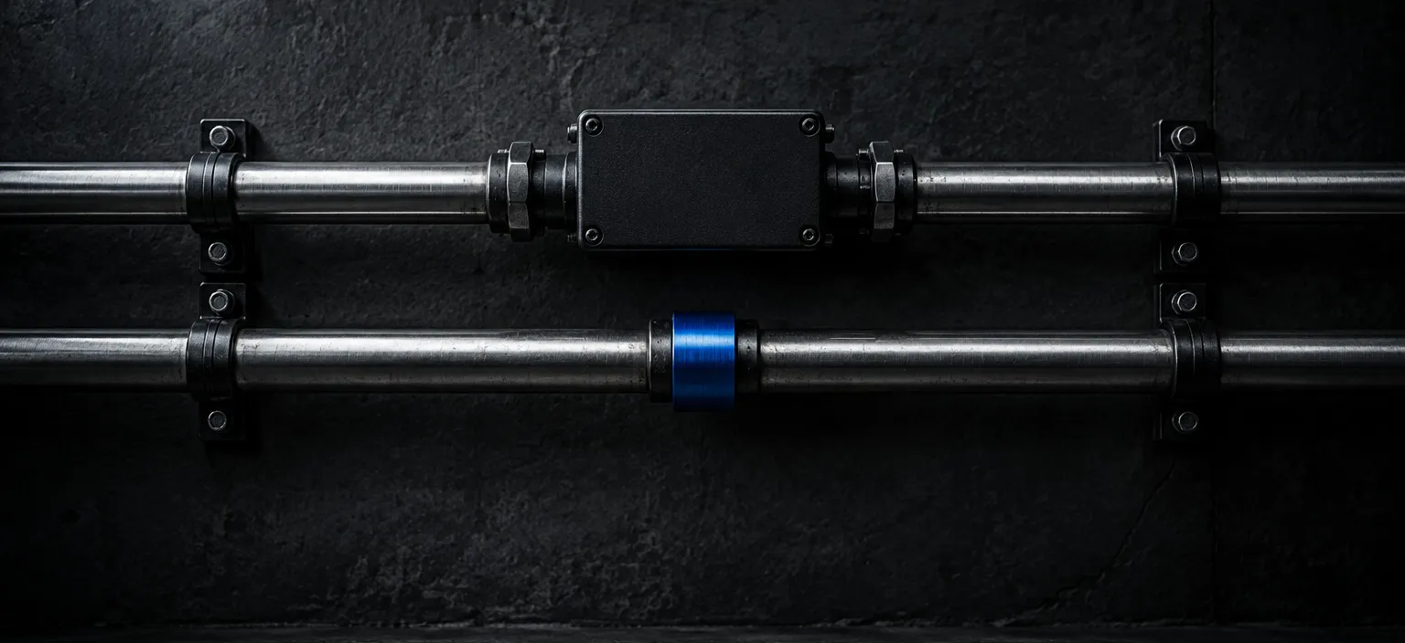 Two identical stainless pipe runs on a dark wall: the upper one passes through a blank black meter housing, the lower one is unmetered and carries a single blue collar