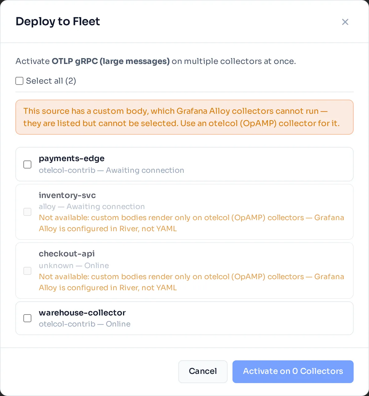 Deploy to Fleet for a custom source: Grafana Alloy collectors are listed but cannot be selected, and say why; otelcol collectors can.
