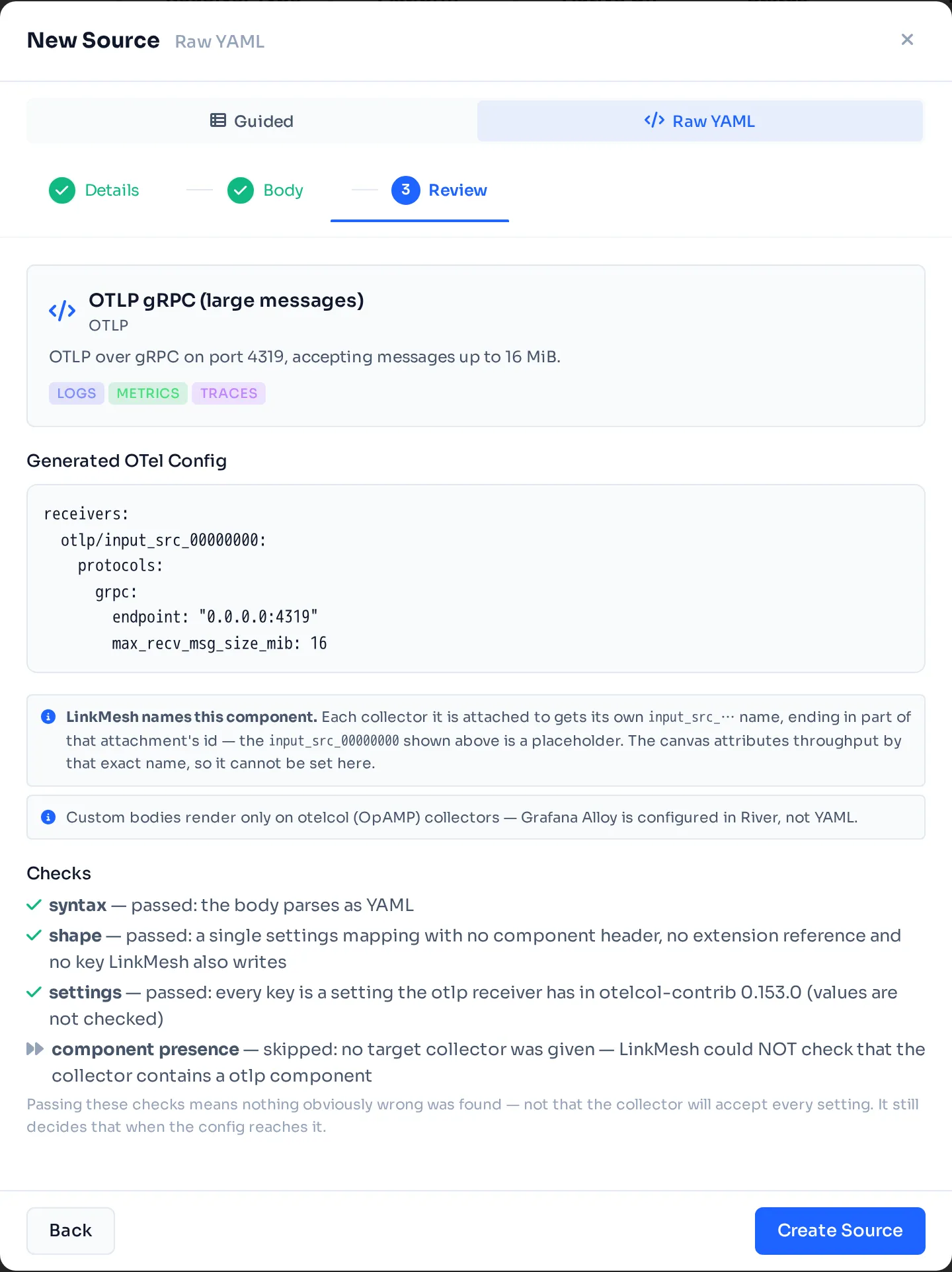 The Review step: the component exactly as the generator writes it, with a placeholder name, and which checks ran and what each found.