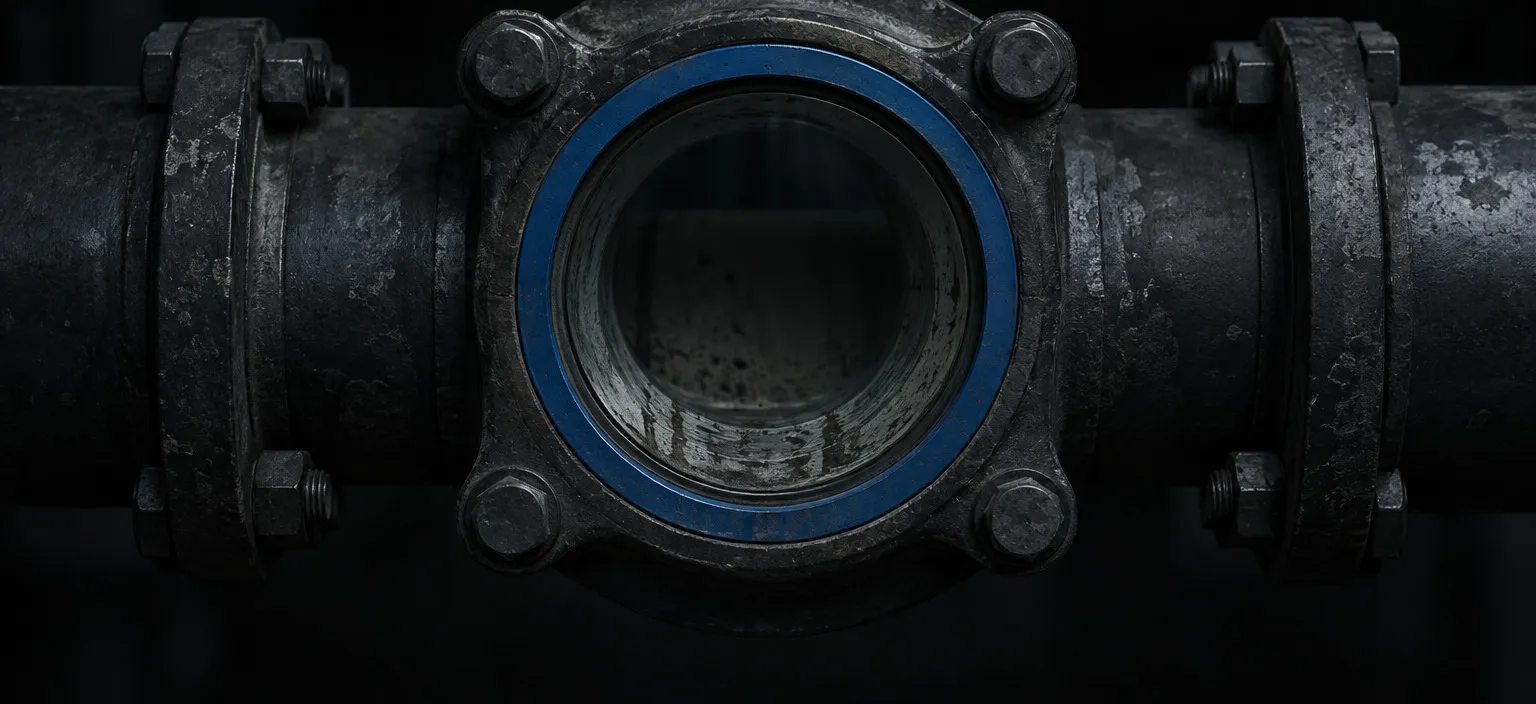 A sight glass in a working pipeline showing an empty bore
