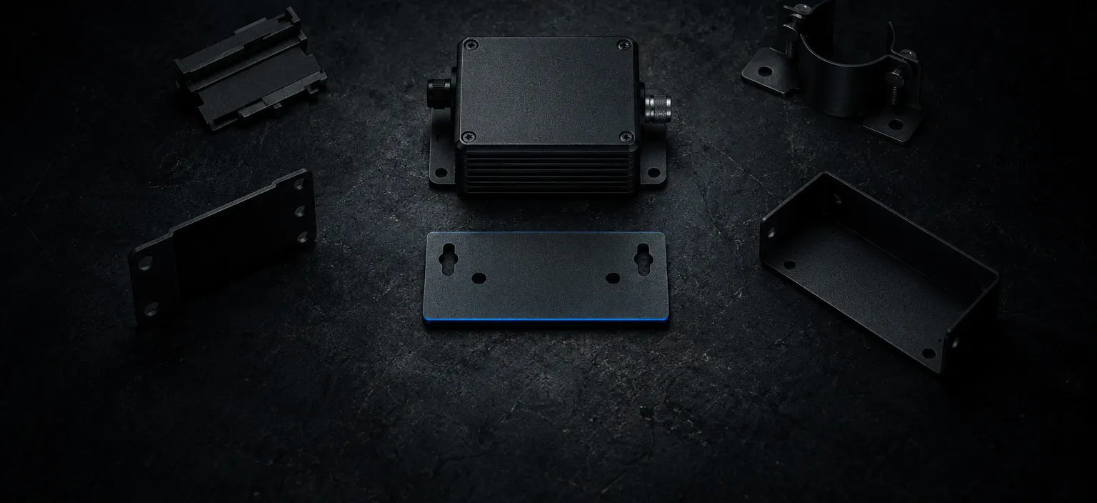 One small equipment module on a workbench, surrounded by five different mounting brackets