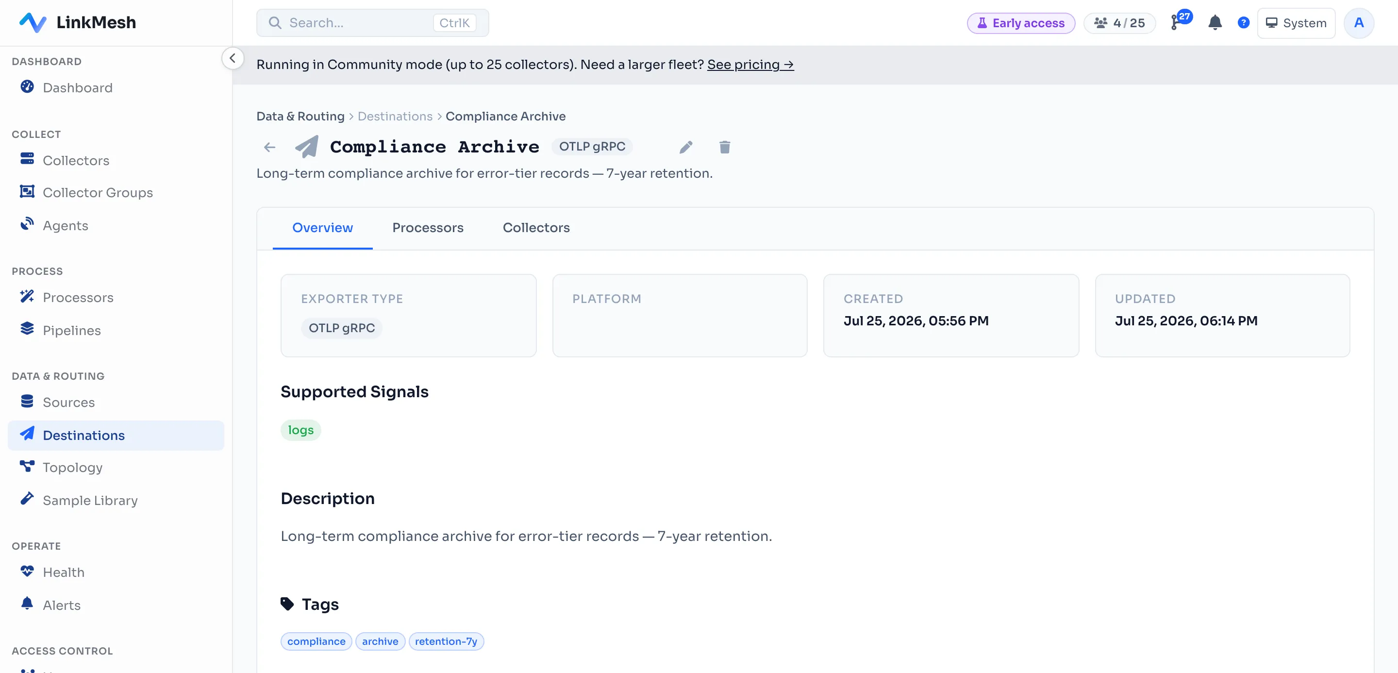 The destination editor in LinkMesh: a "tier: archive" tag added to a destination.