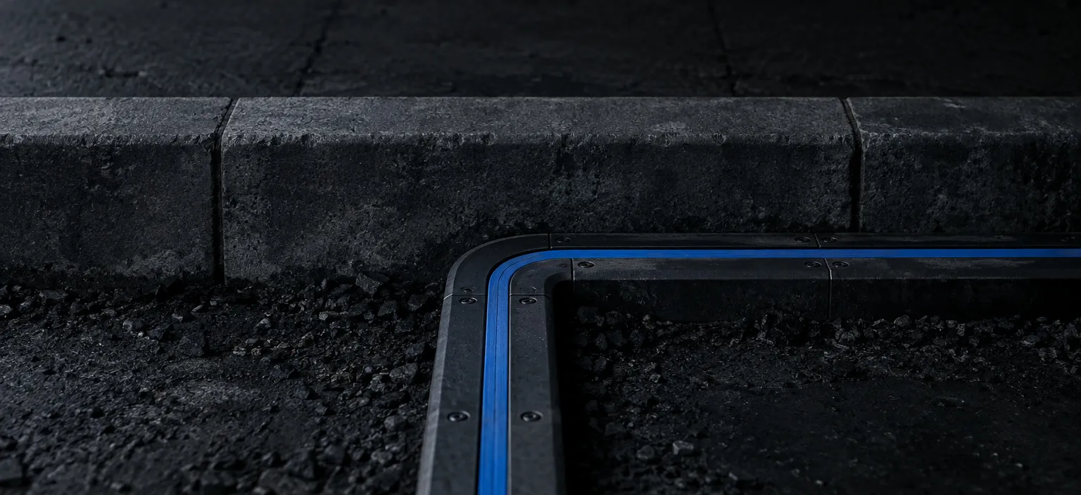 A service duct reaching a boundary kerb and turning to run alongside it rather than crossing