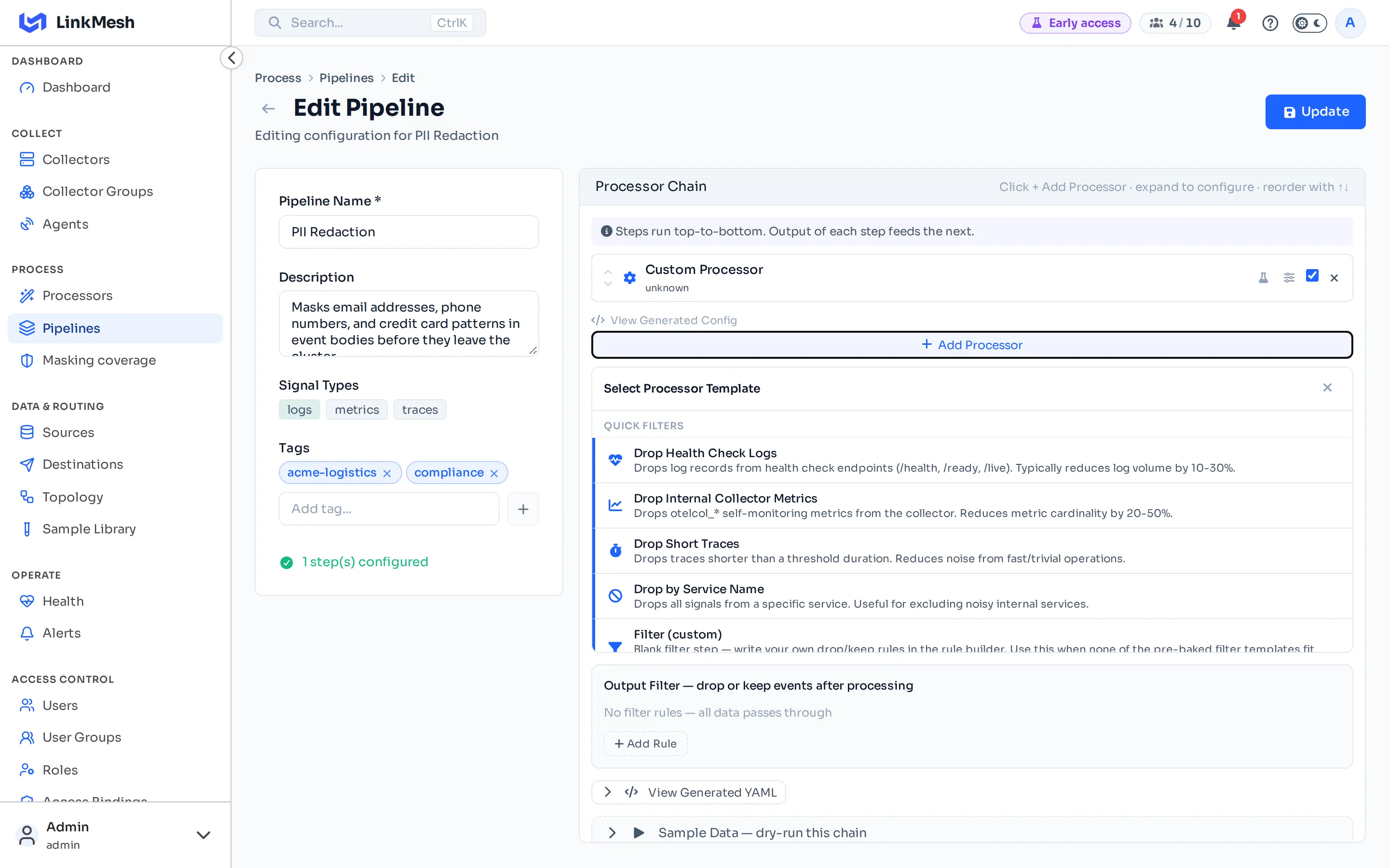 The chain editor with the preview drawer collapsed. Build the Processor Chain in the main column; the 'Sample Data — dry-run this chain' bar at the bottom expands the workspace when you're ready to test.
