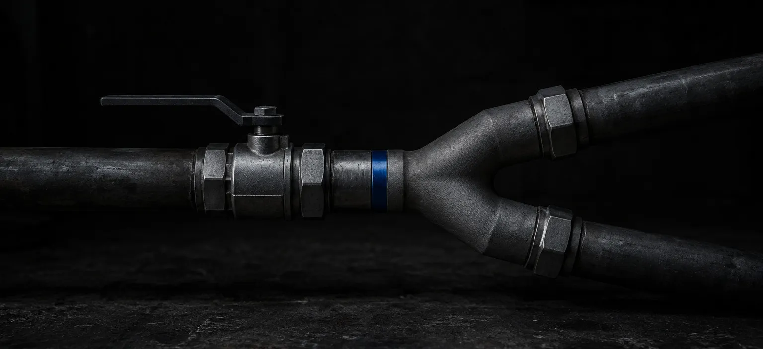 A stainless wye fitting splitting one valved inlet into two identical outlet legs