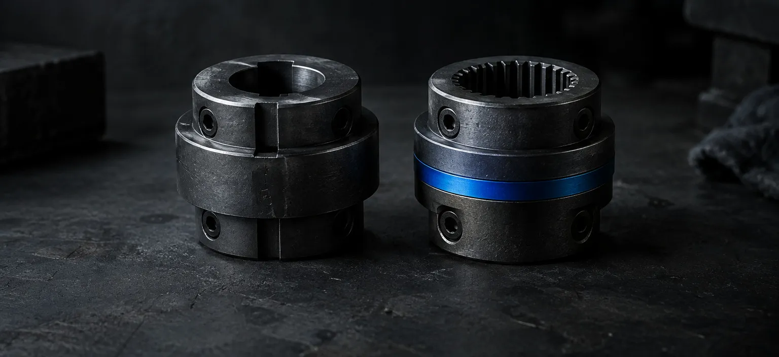 Two shaft couplings side by side, one with a single cut keyway and one with an even all-round spline