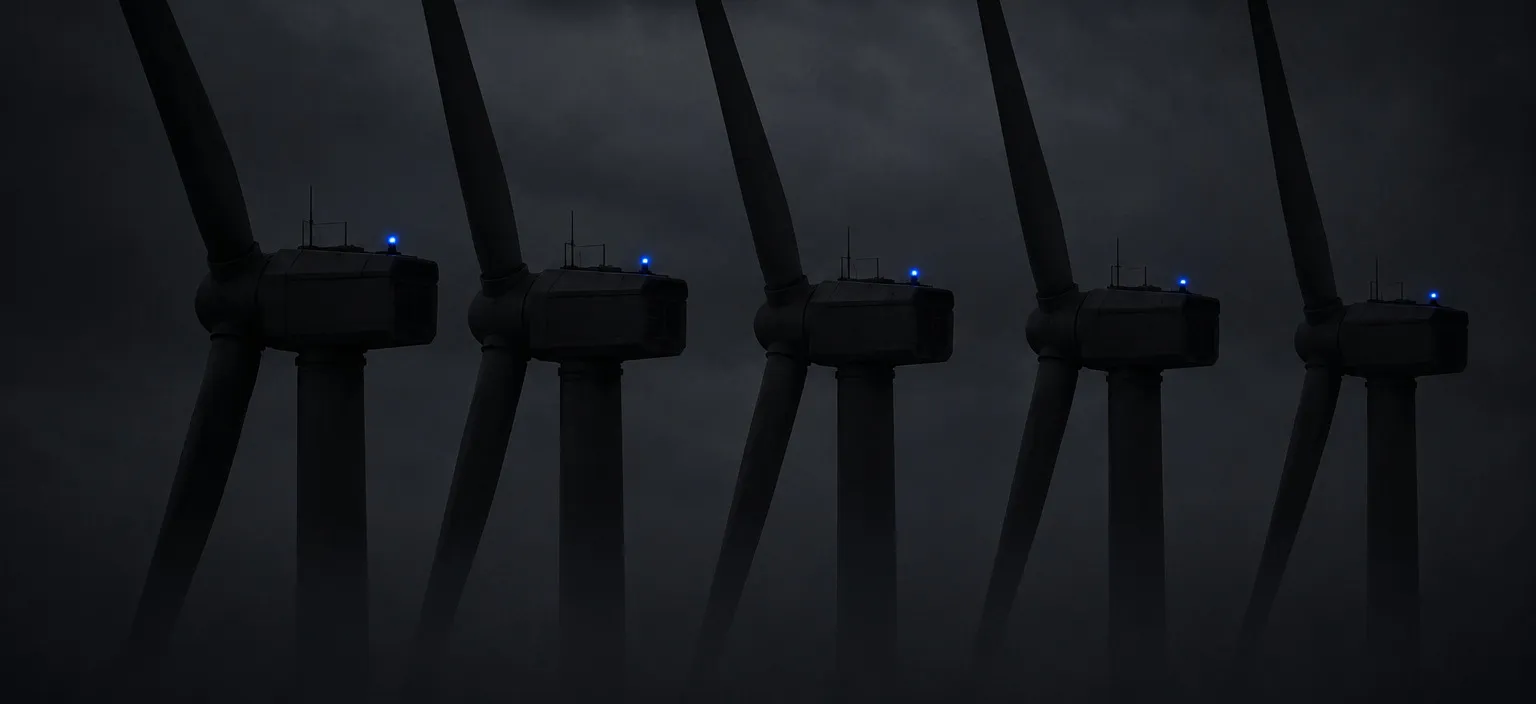 Five identical wind turbine nacelles seen compressed by a long lens, all turned to the same bearing