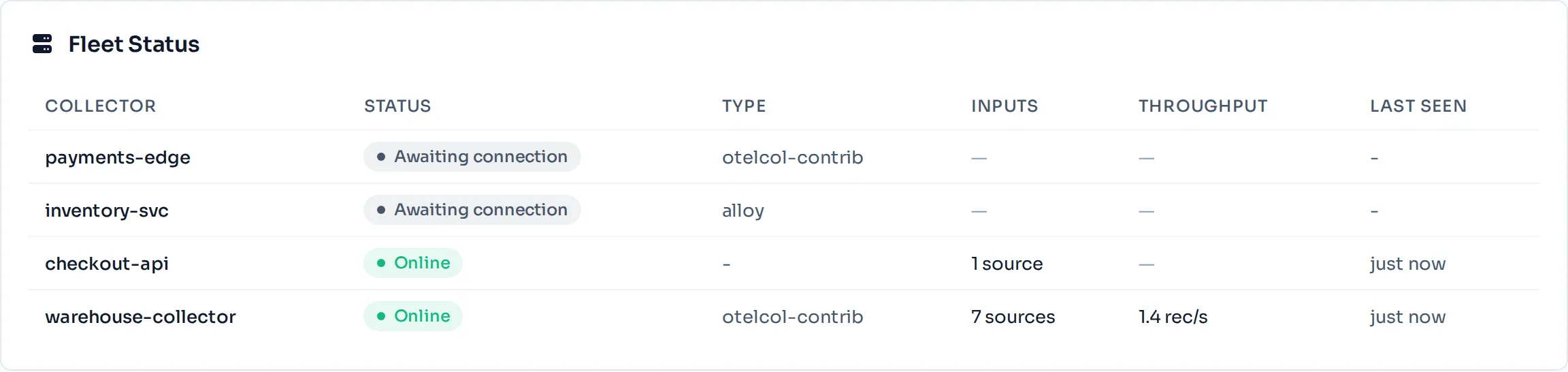 The Fleet Status table on the dashboard. Each row is one collector. Click into a row to see its detail page.