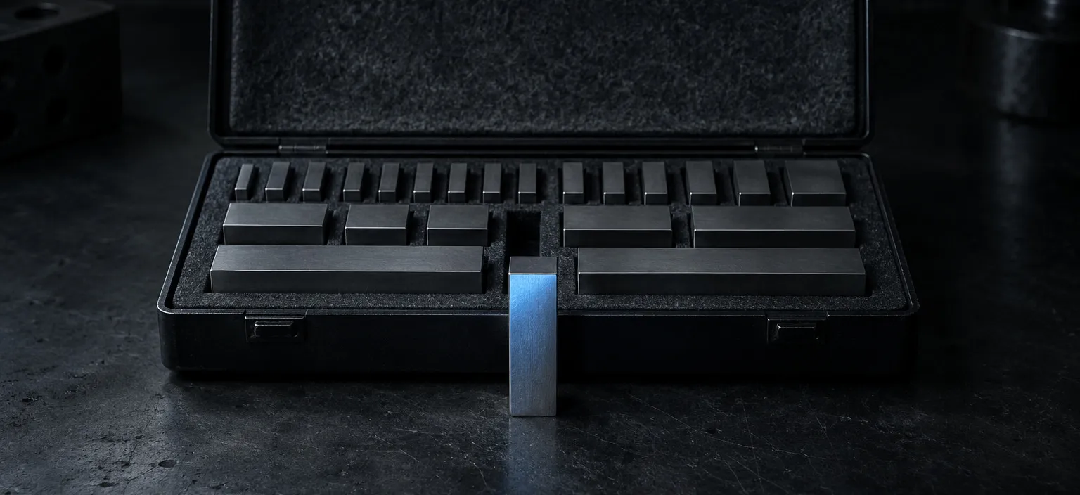 An open case of precision gauge blocks in graduated order, one block standing on end in front of it