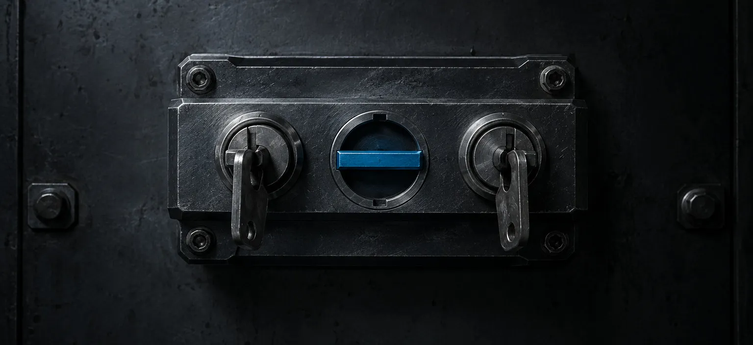 A trapped-key interlock block with two keys captive and its third bolt shot across