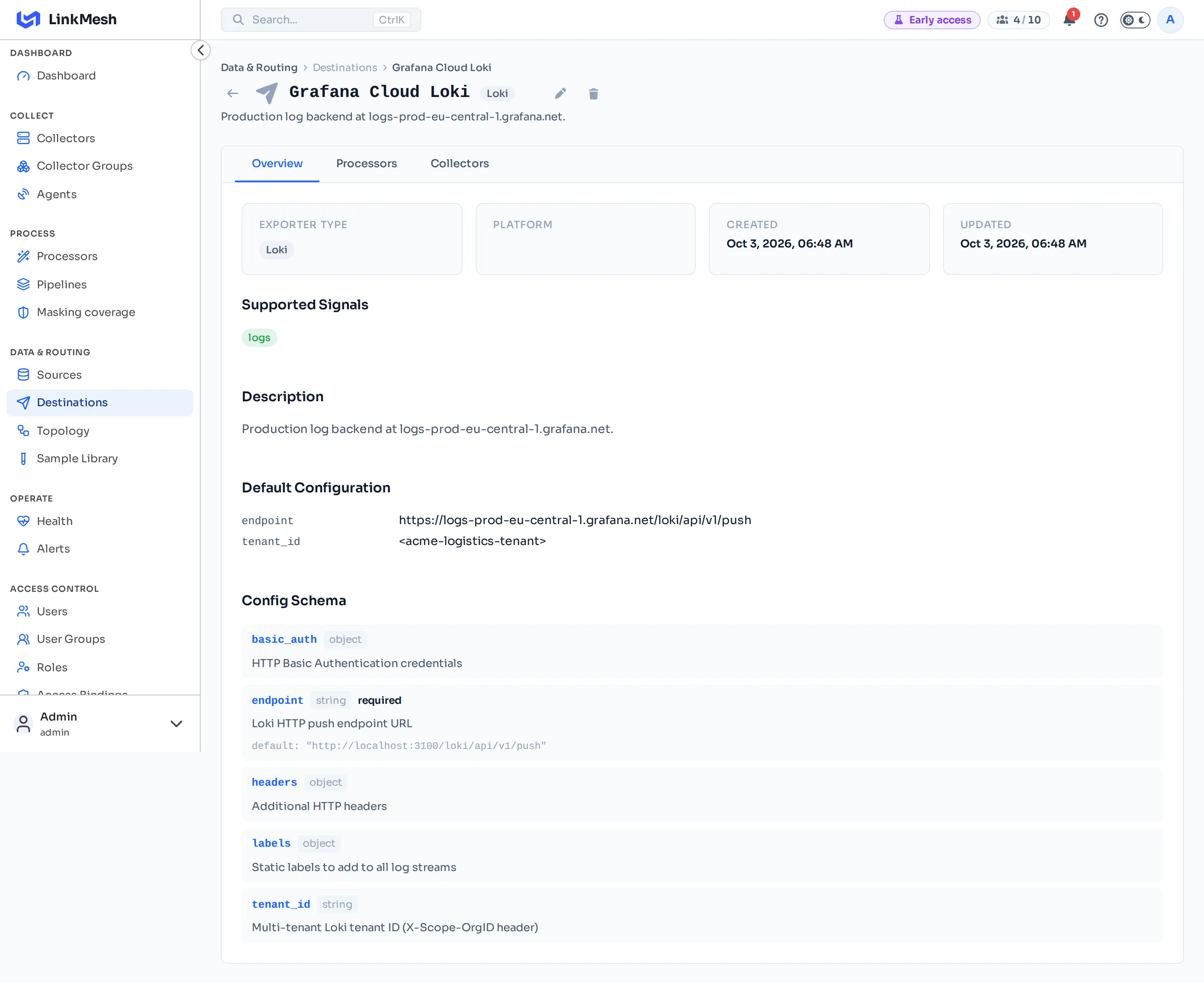 The Grafana Cloud Loki destination form. The 'Default labels' toggle controls which OTel resource attributes get promoted to Loki labels — start with job:true and leave exporter:false to avoid label cardinality blow-up.