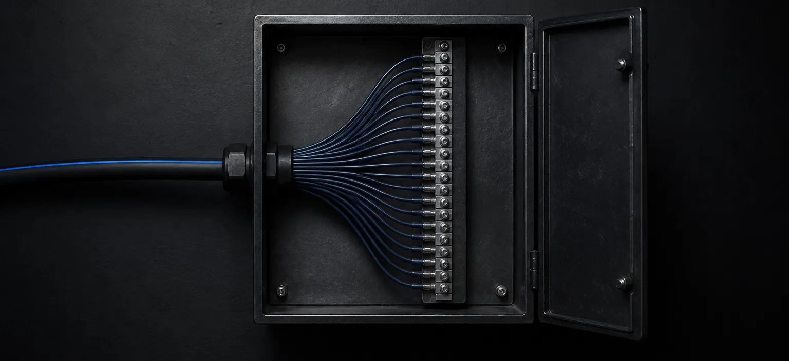 One trunk cable entering a junction box and fanning out into a bank of identical, neatly dressed connections