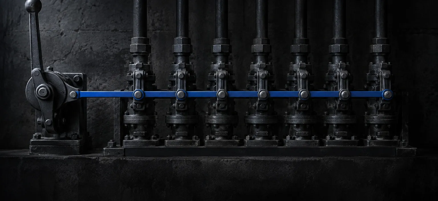 One master lever connected by a single linkage bar to a bank of identical valve actuators