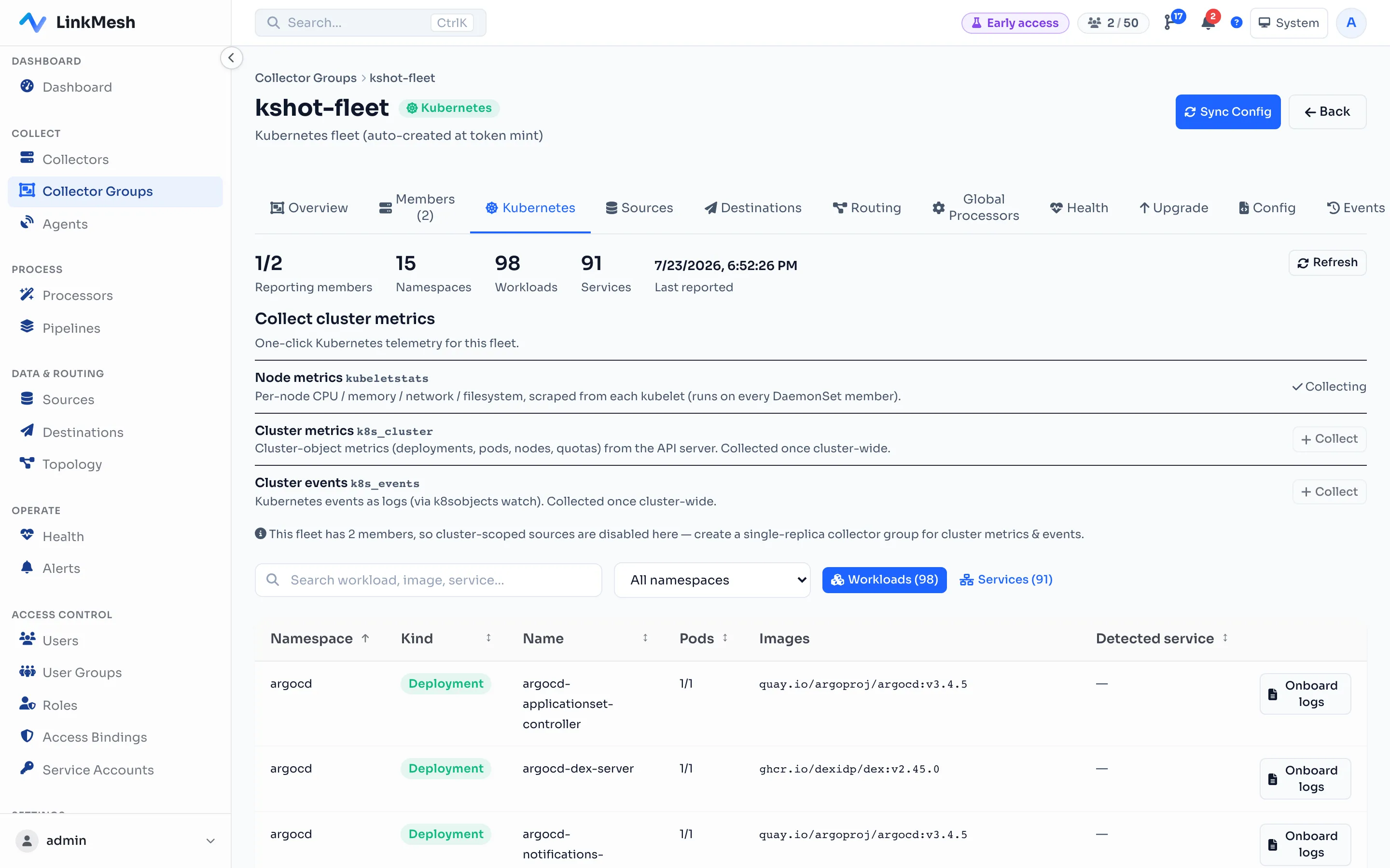 The LinkMesh Kubernetes tab — live cluster inventory of namespaces, workloads, and services with one-click log onboarding
