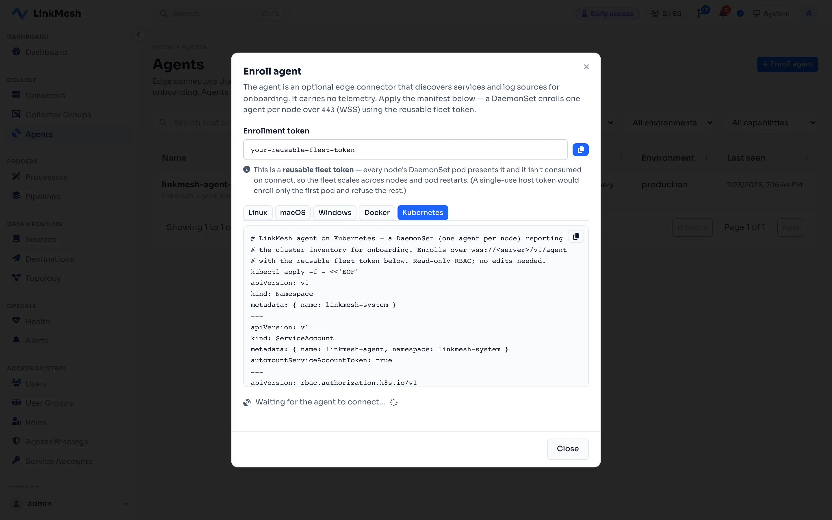 The LinkMesh Enroll Agent wizard's Kubernetes tab, showing a ready-to-apply DaemonSet manifest with a reusable fleet token