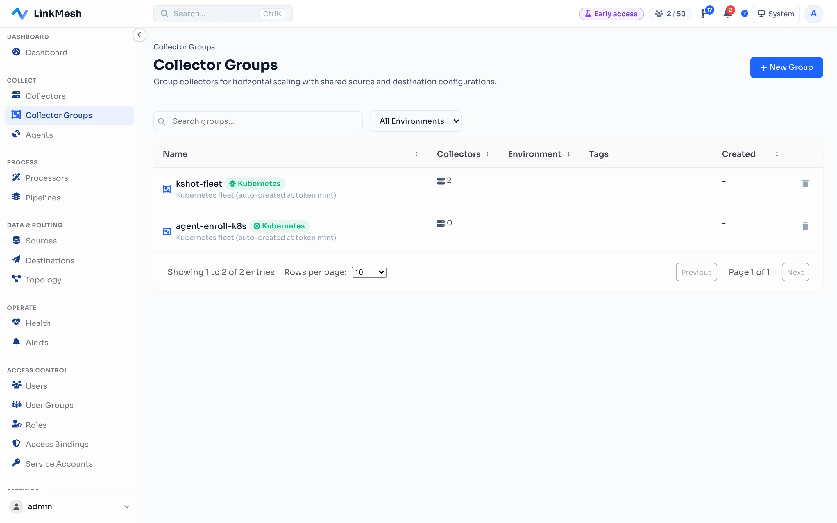 The LinkMesh Collector Groups list, each group tagged with its kind — a Kubernetes cluster fleet with a Kubernetes badge
