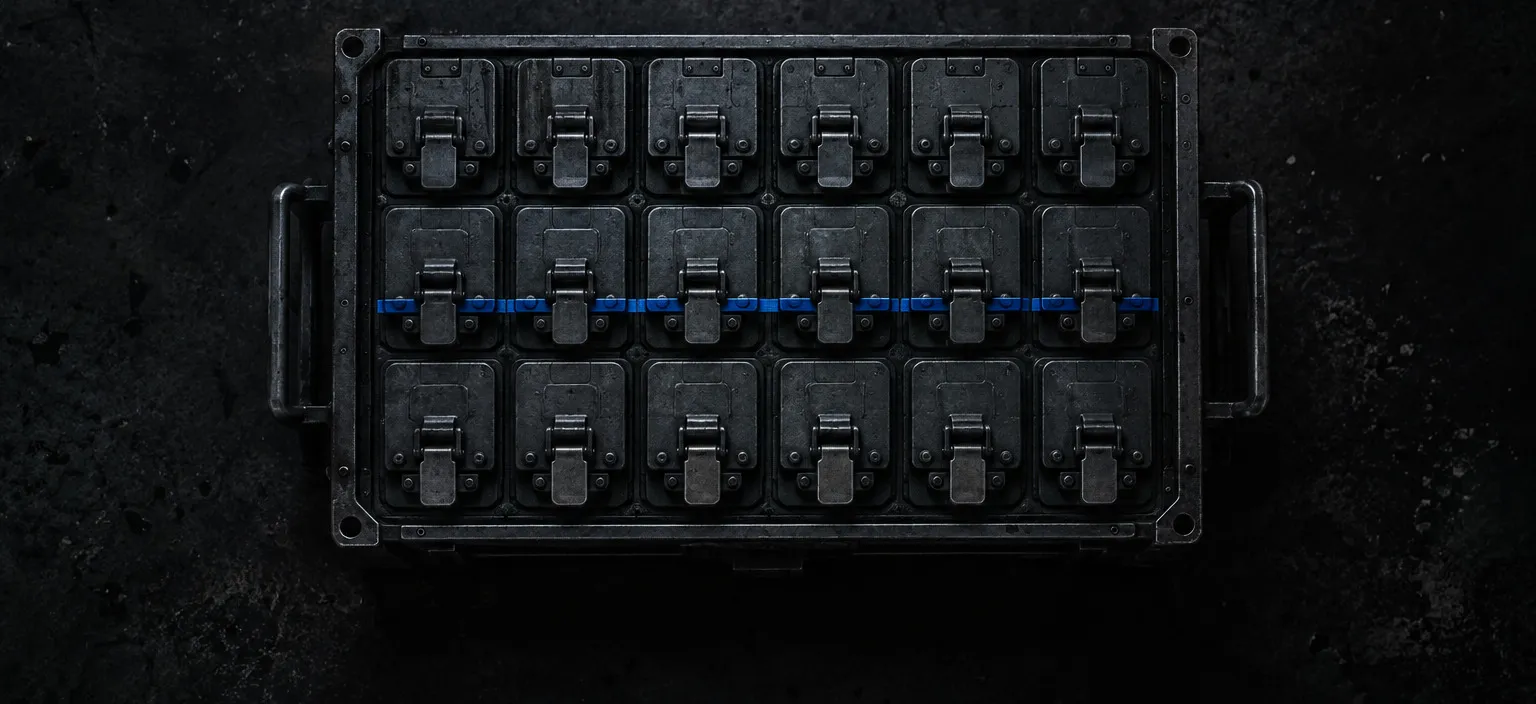 A steel tray divided into identical compartments, each closed by its own separate lid and latch