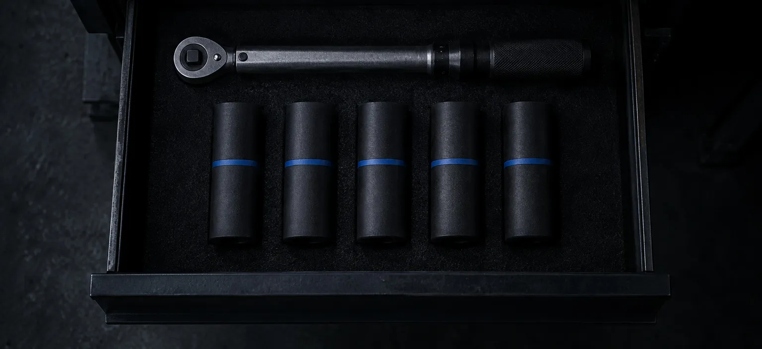 A torque wrench and five sealed replacement cartridges laid out in order in a maintenance drawer