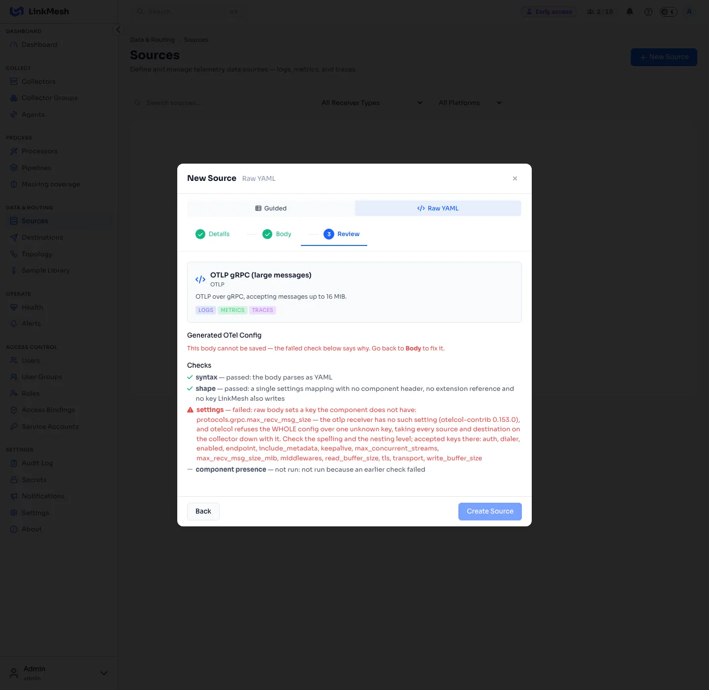 A failed check on the Review step: settings names the misspelled key, the receiver and collector version it checked against, and the keys accepted at that level. Create is disabled.