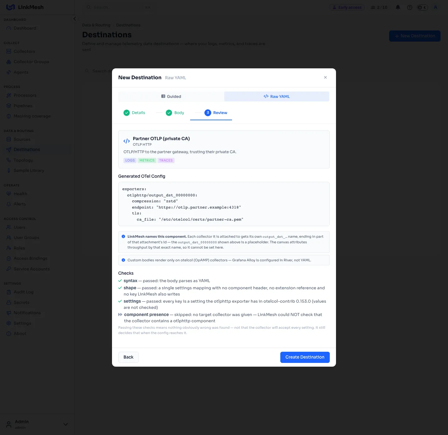 The Review step of a custom destination: the exporter exactly as generated, with a placeholder name, and the checks. settings passed against the otlphttp exporter's settings list.