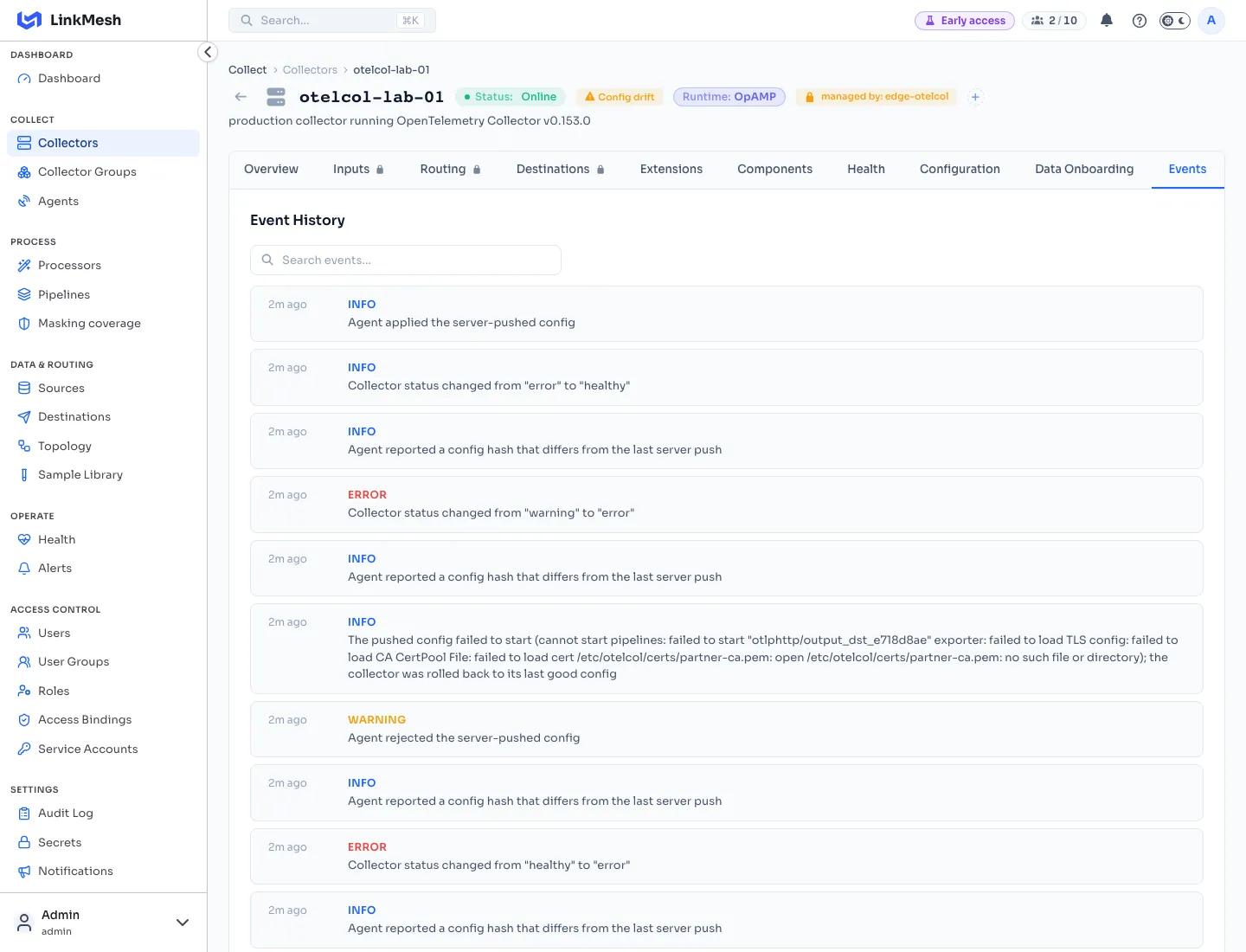 A collector's Events tab after a custom destination named a CA file that does not exist: the rejection, the rollback with the collector's error naming the file, and the previous config applied again.