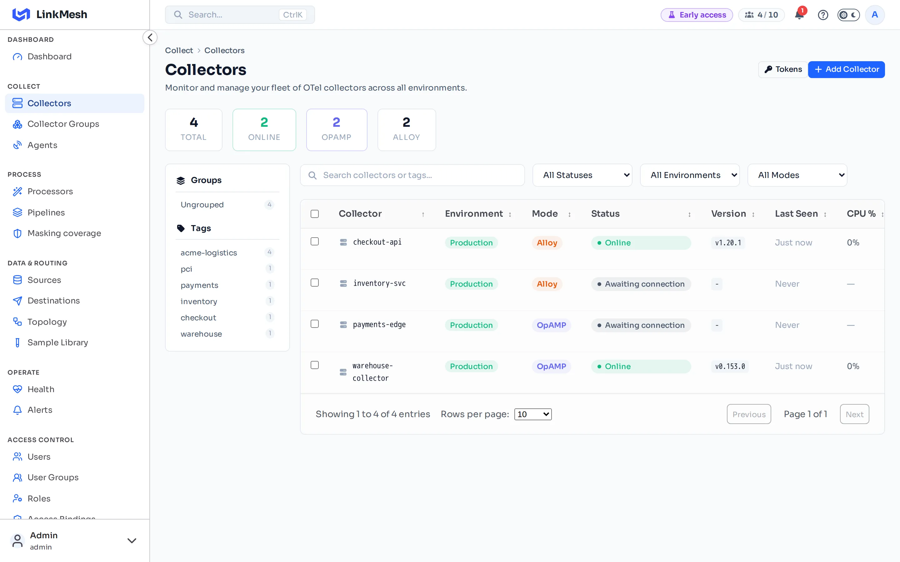 Collectors page. The + Add Collector button at the top right opens the enrollment wizard.