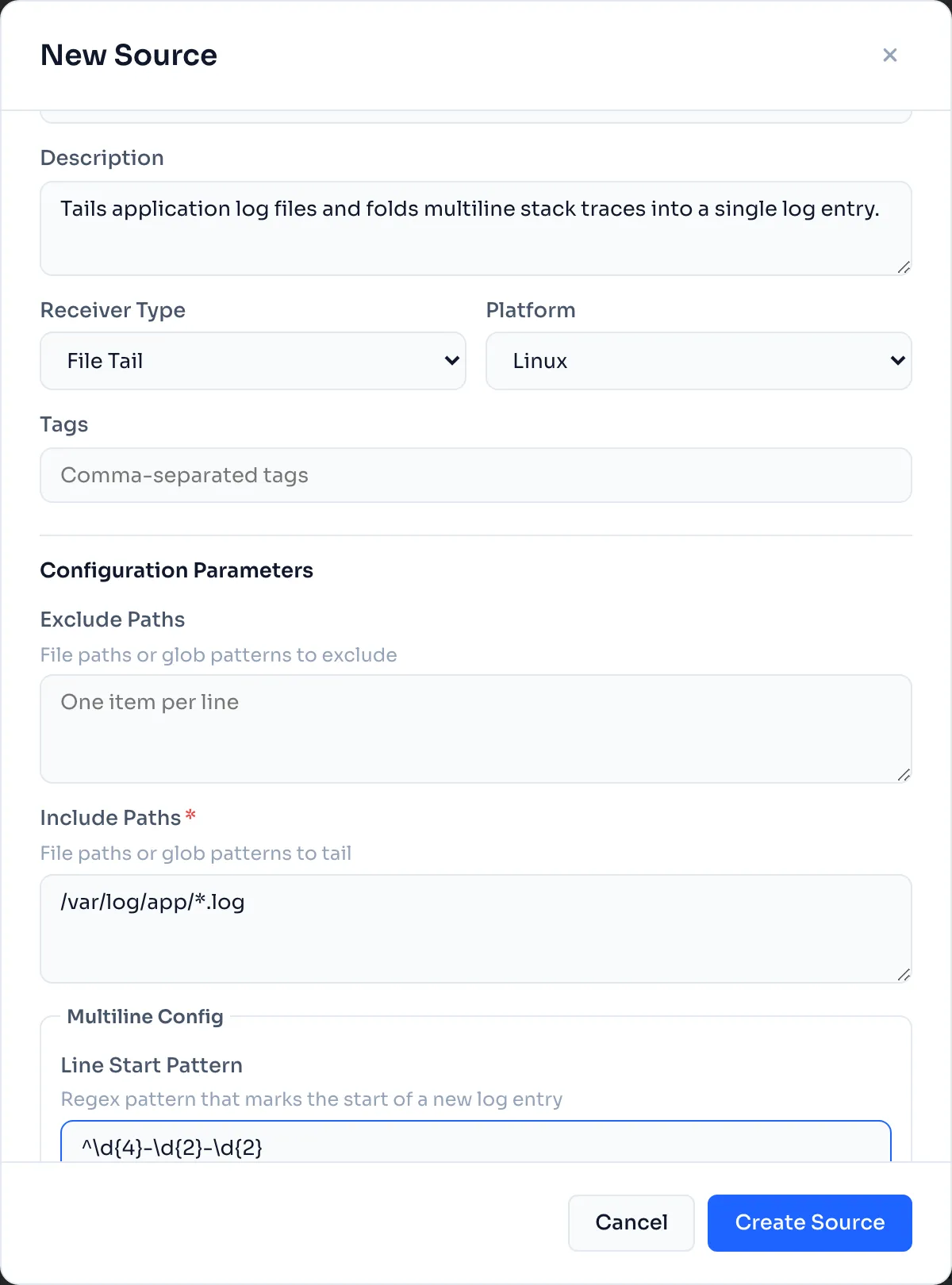 Configuring a File Tail source in LinkMesh: an "Application Logs" source with Include Paths set to /var/log/app/*.log and, in the Multiline Config section, a Line Start Pattern of ^\d{4}-\d{2}-\d{2} — the timestamp that marks the start of each entry, so everything after it folds into the same record.