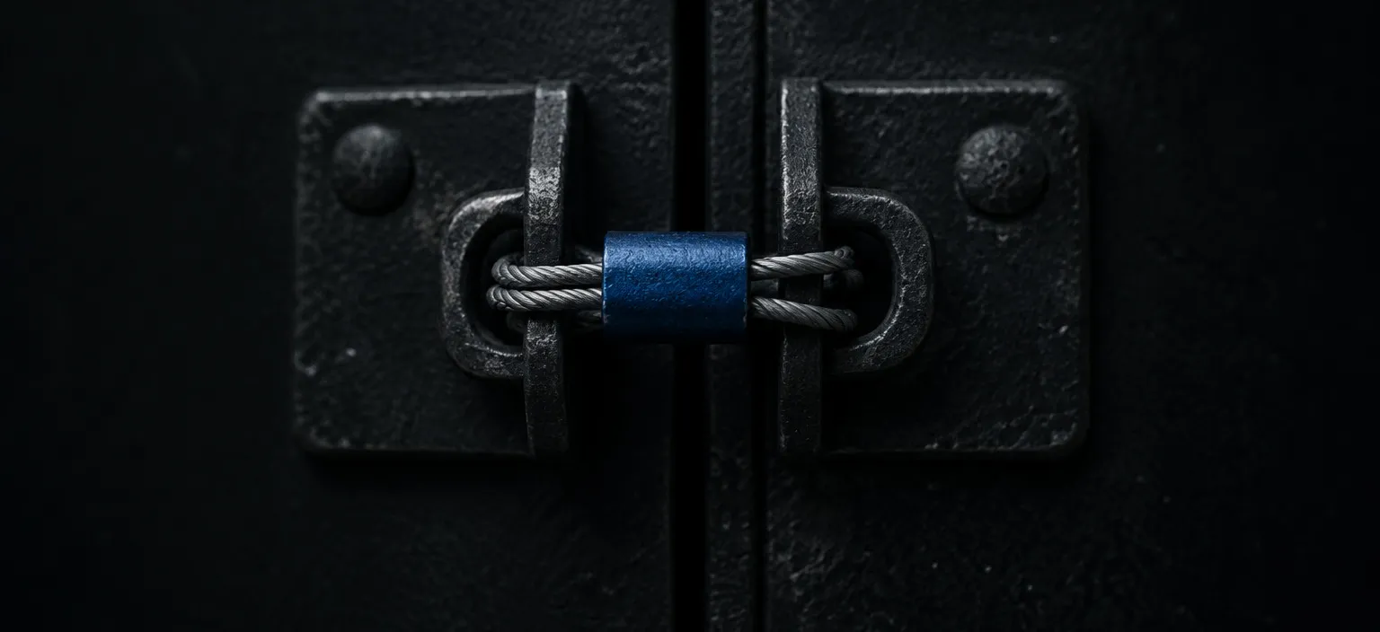 An intact wire-and-lead tamper seal crimped through a closed cabinet hasp
