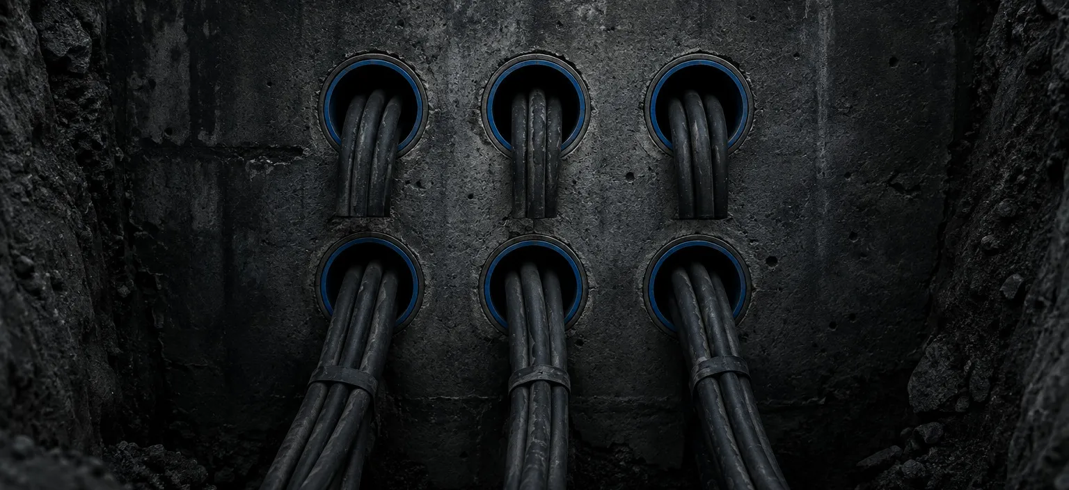 A concrete duct bank cross-section, each conduit sleeve carrying its own separated cable bundle
