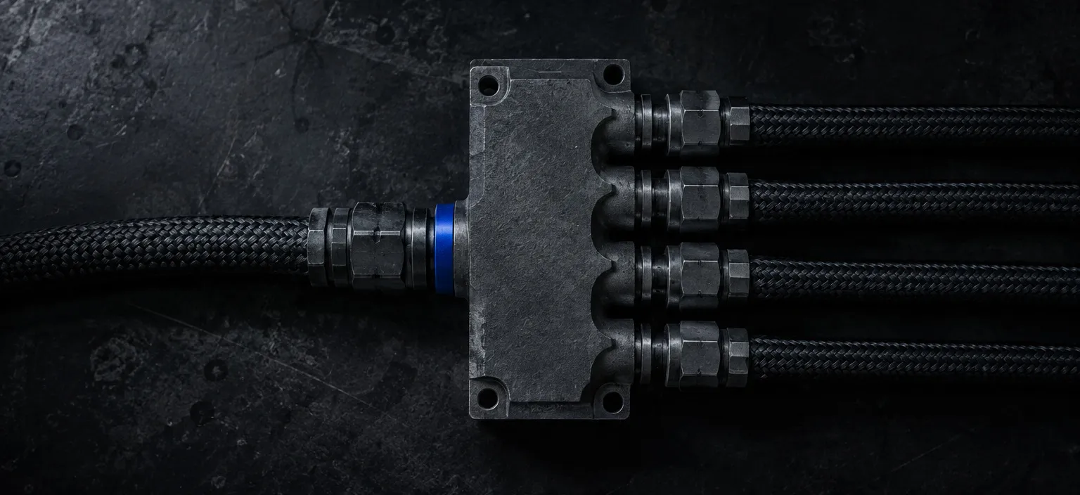A machined manifold block splitting one inlet into four identical outlets of equal bore