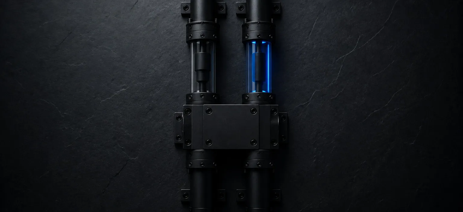 Two black pneumatic tube runs side by side against dark slate, meeting at a single machined station block, the glass inspection window on one of them lit from within in blue
