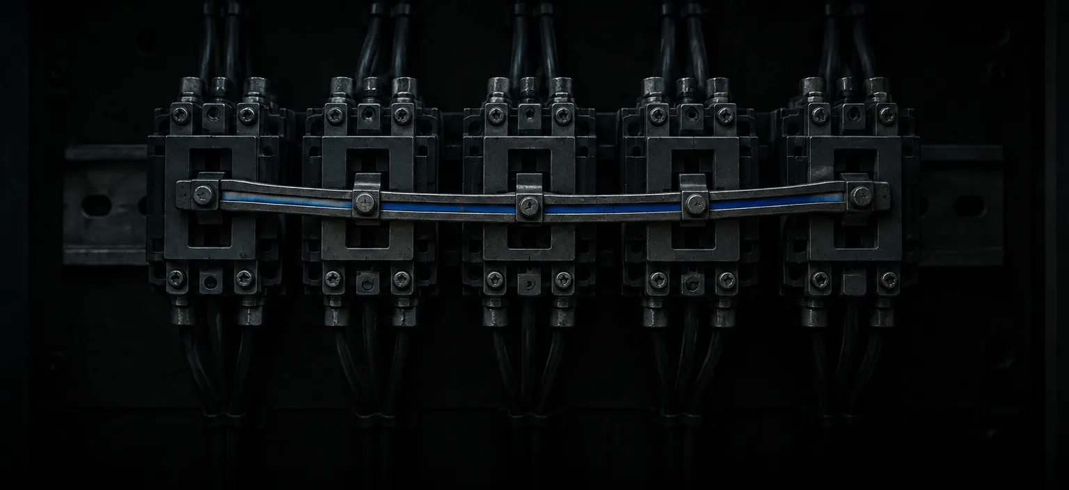 A row of identical contactors all correctly closed, linked by one long connecting rod bowed under load