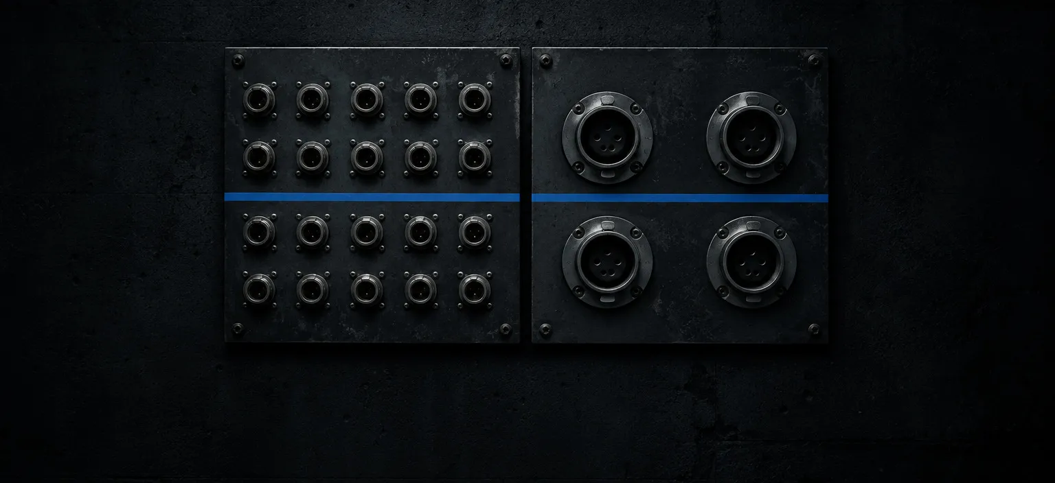 Two instrument panels side by side, one dense with many small ports, the other with a few large ones
