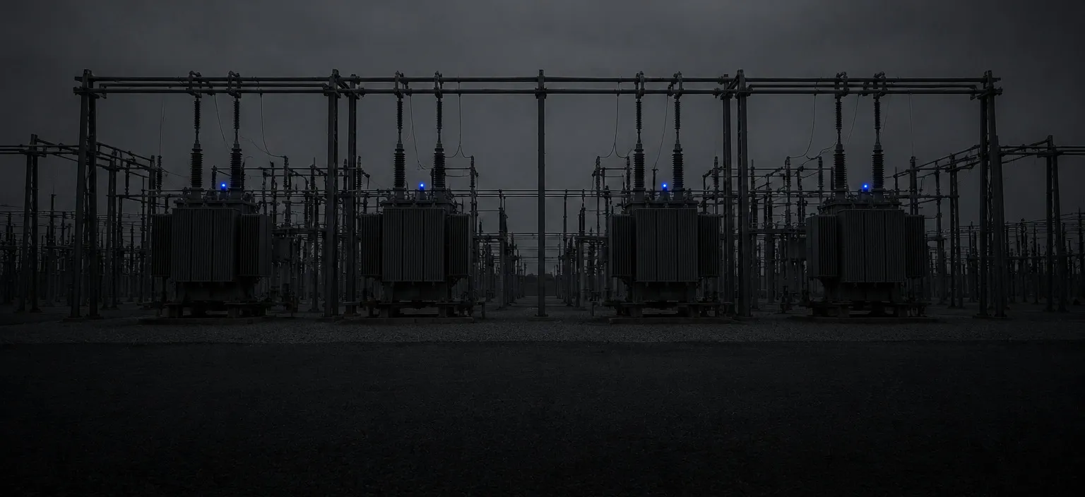 An electrical substation under flat grey light, its transformers, busbars and feeders forming three distinct layers