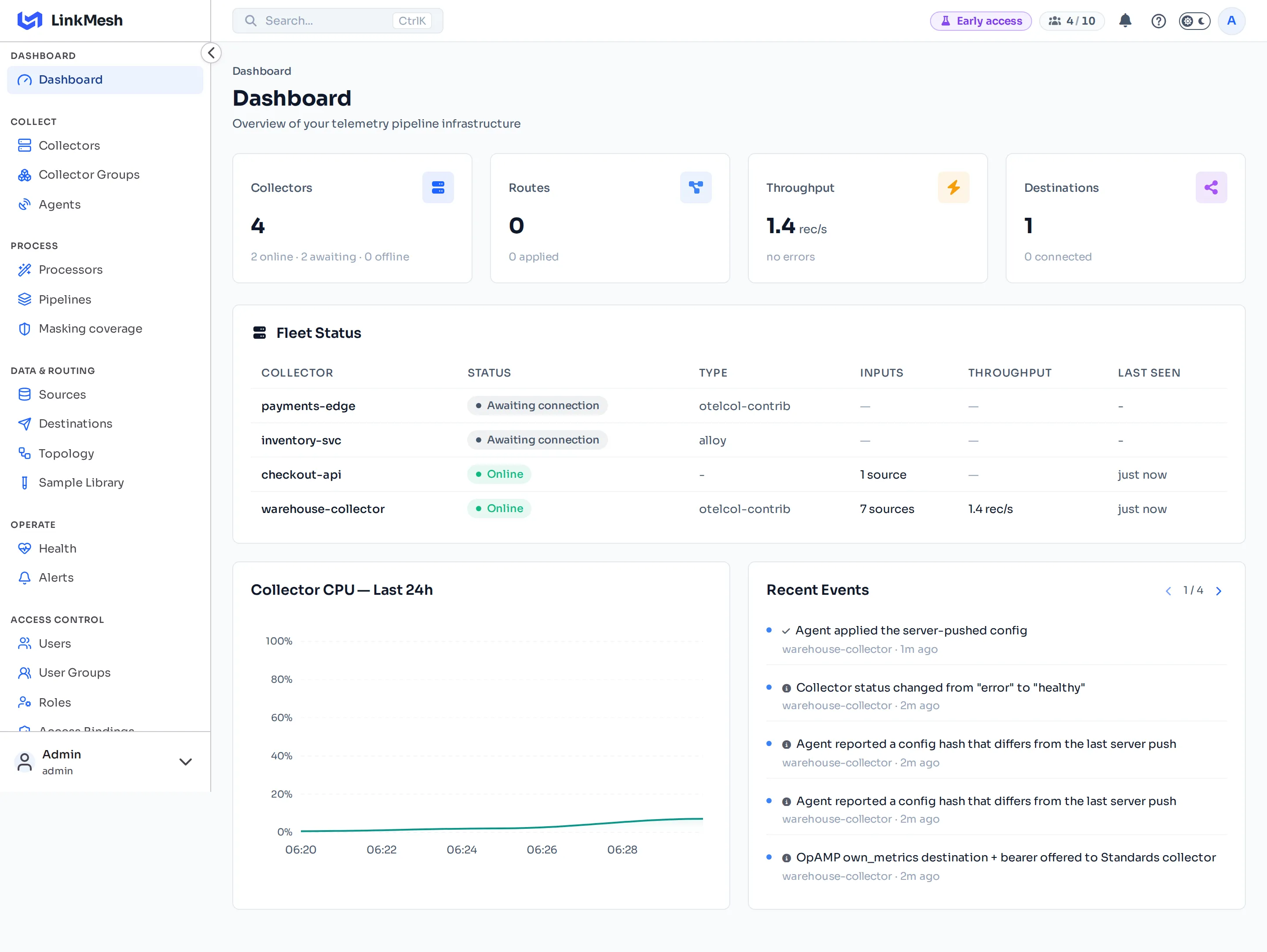 What you're aiming at: the dashboard with at least one collector online, an active route, and live throughput.
