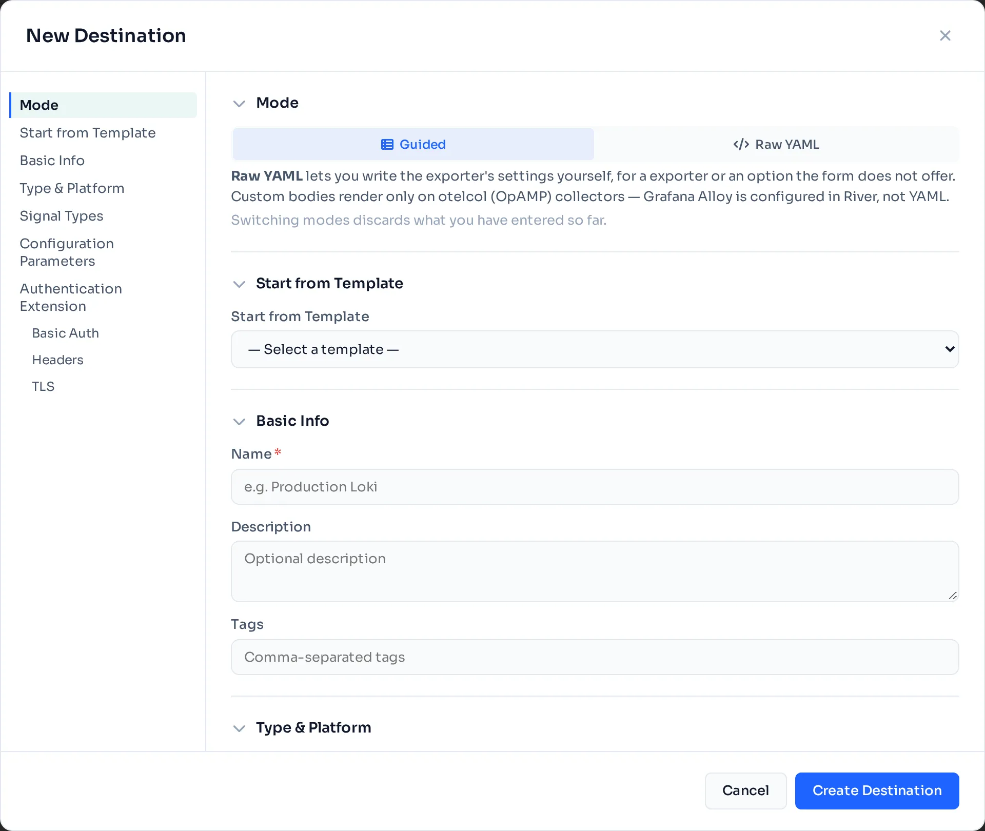 The destination library. Each entry shows the exporter type, signal coverage, and which collectors have it active.